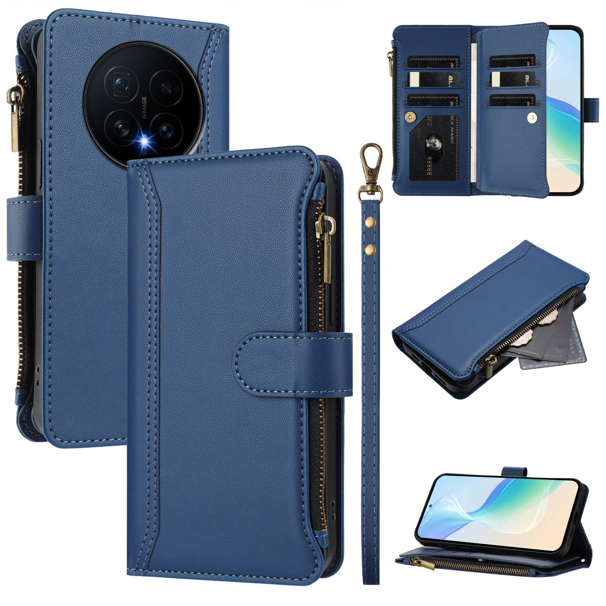For Honor Magic8 5G Leather Case 9 Card Slots Zipper Wallet Stand Phone Cover with Wrist Strap
