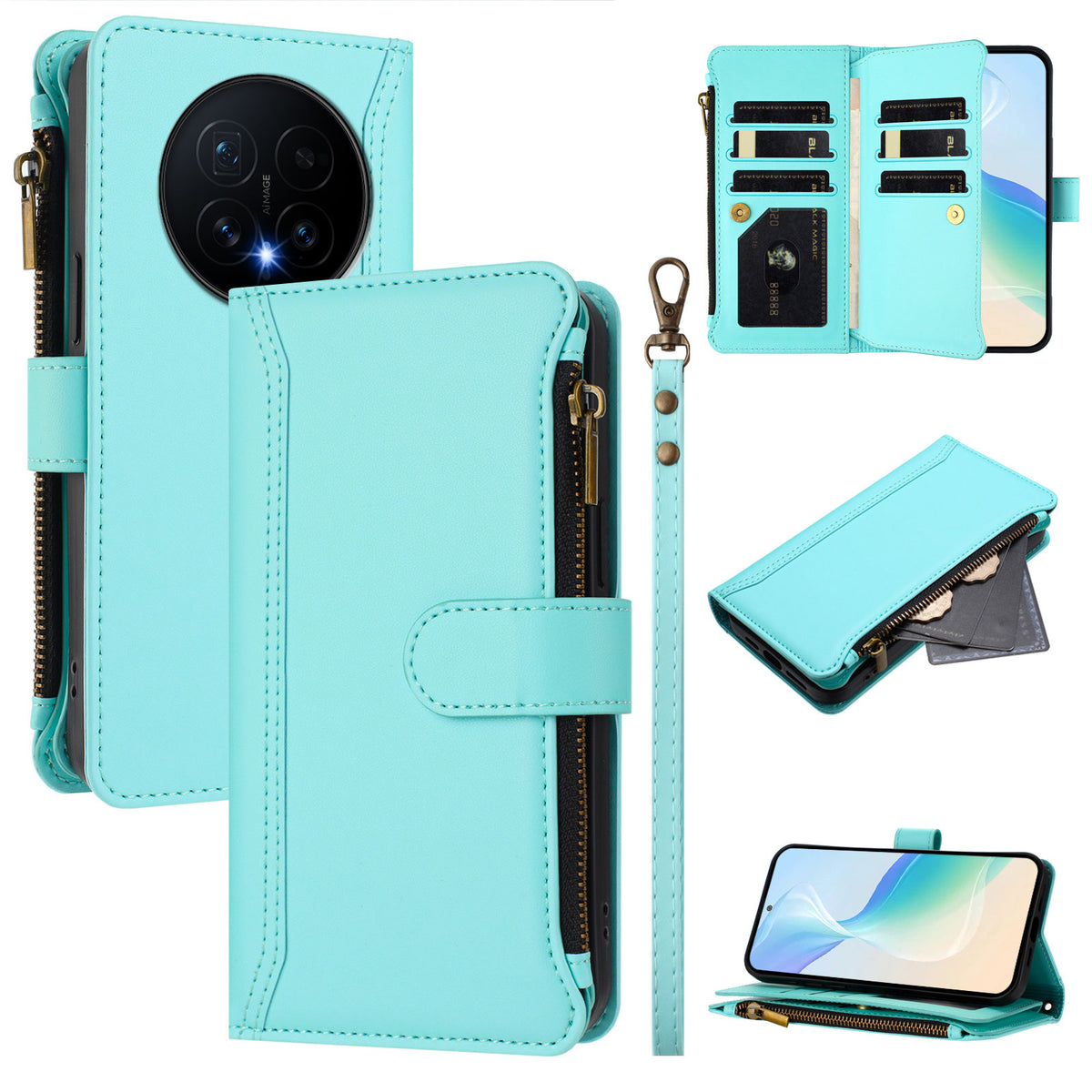 For Honor Magic8 5G Leather Case 9 Card Slots Zipper Wallet Stand Phone Cover with Wrist Strap