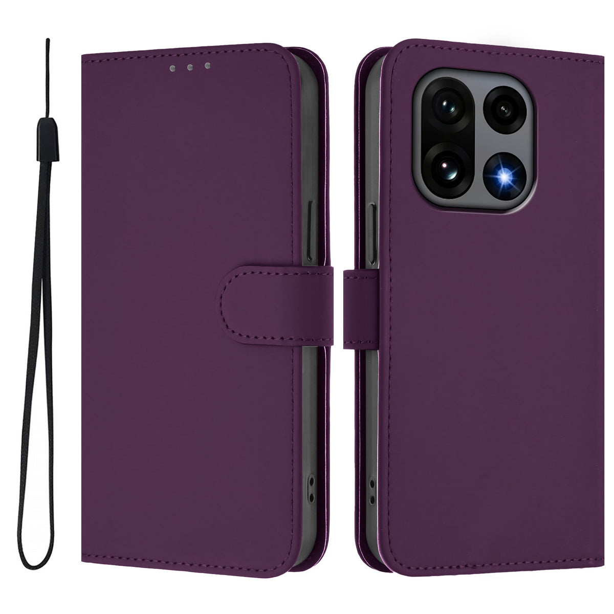 For OnePlus 15 5G Case Solid Color Wallet Leather Phone Cover with Strap