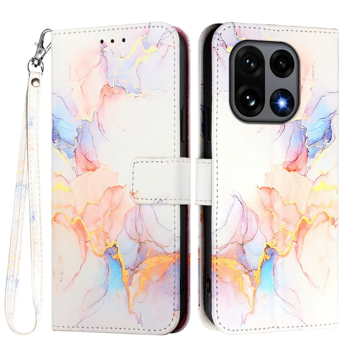 For OnePlus 15 5G Case with Strap Marble Pattern Leather Phone Cover Card Holder