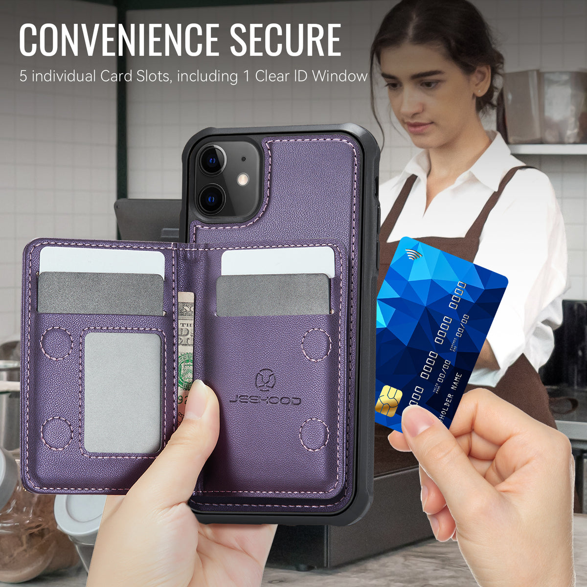 JEEHOOD For iPhone 11 Case J12 Magnetic Detachable Zipper Wallet Kickstand Leather Back Cover Compatible with MagSafe
