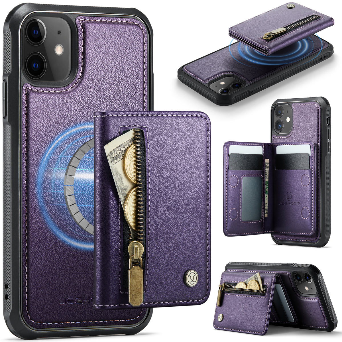 JEEHOOD For iPhone 11 Case J12 Magnetic Detachable Zipper Wallet Kickstand Leather Back Cover Compatible with MagSafe