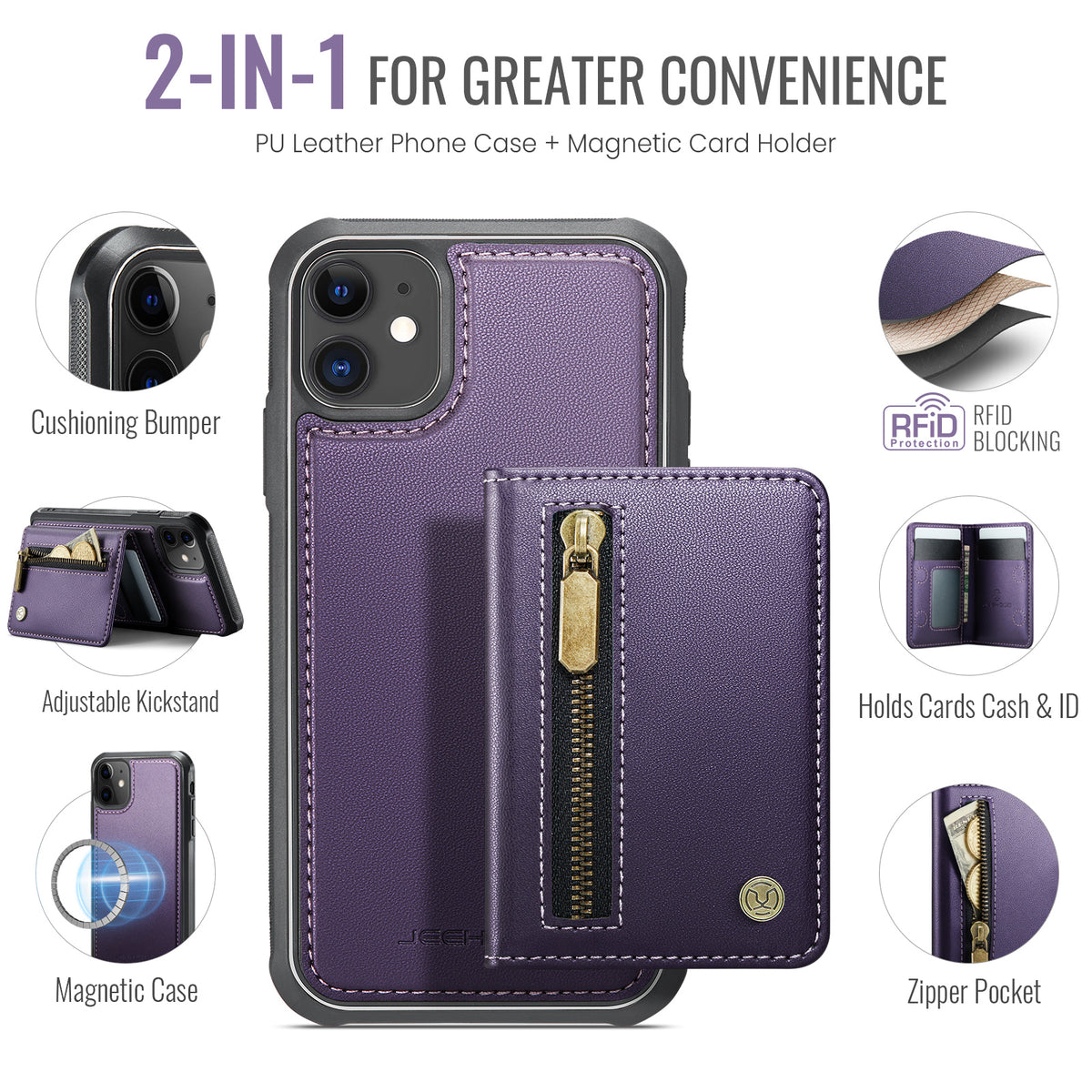 JEEHOOD For iPhone 11 Case J12 Magnetic Detachable Zipper Wallet Kickstand Leather Back Cover Compatible with MagSafe