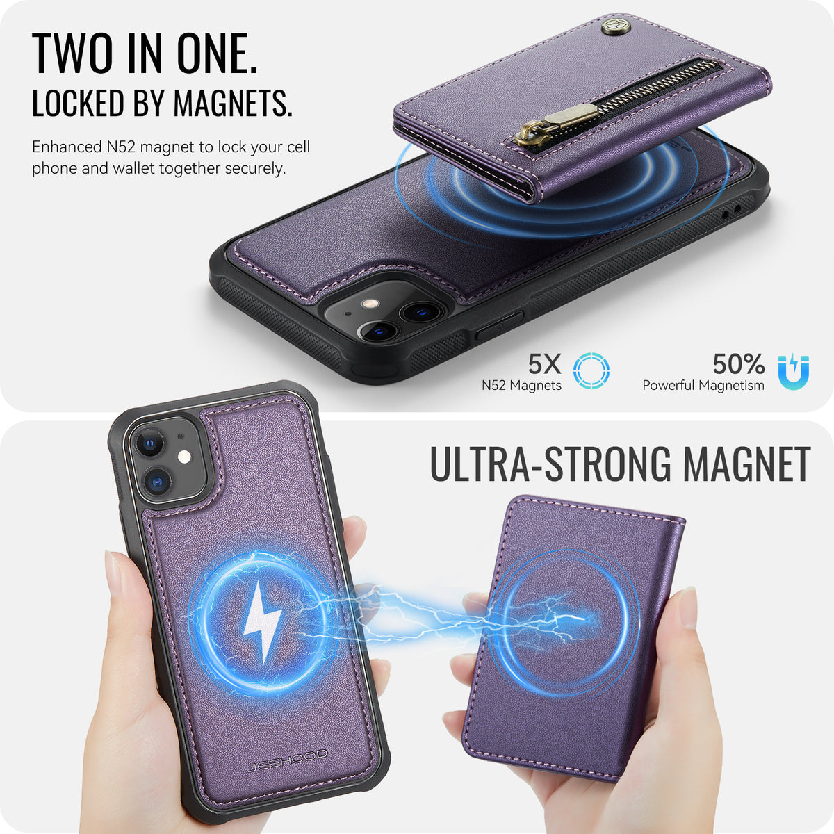 JEEHOOD For iPhone 11 Case J12 Magnetic Detachable Zipper Wallet Kickstand Leather Back Cover Compatible with MagSafe