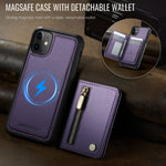 JEEHOOD For iPhone 11 Case J12 Magnetic Detachable Zipper Wallet Kickstand Leather Back Cover Compatible with MagSafe