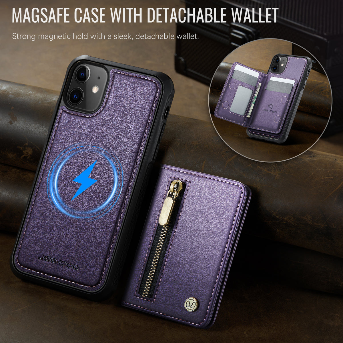 JEEHOOD For iPhone 11 Case J12 Magnetic Detachable Zipper Wallet Kickstand Leather Back Cover Compatible with MagSafe