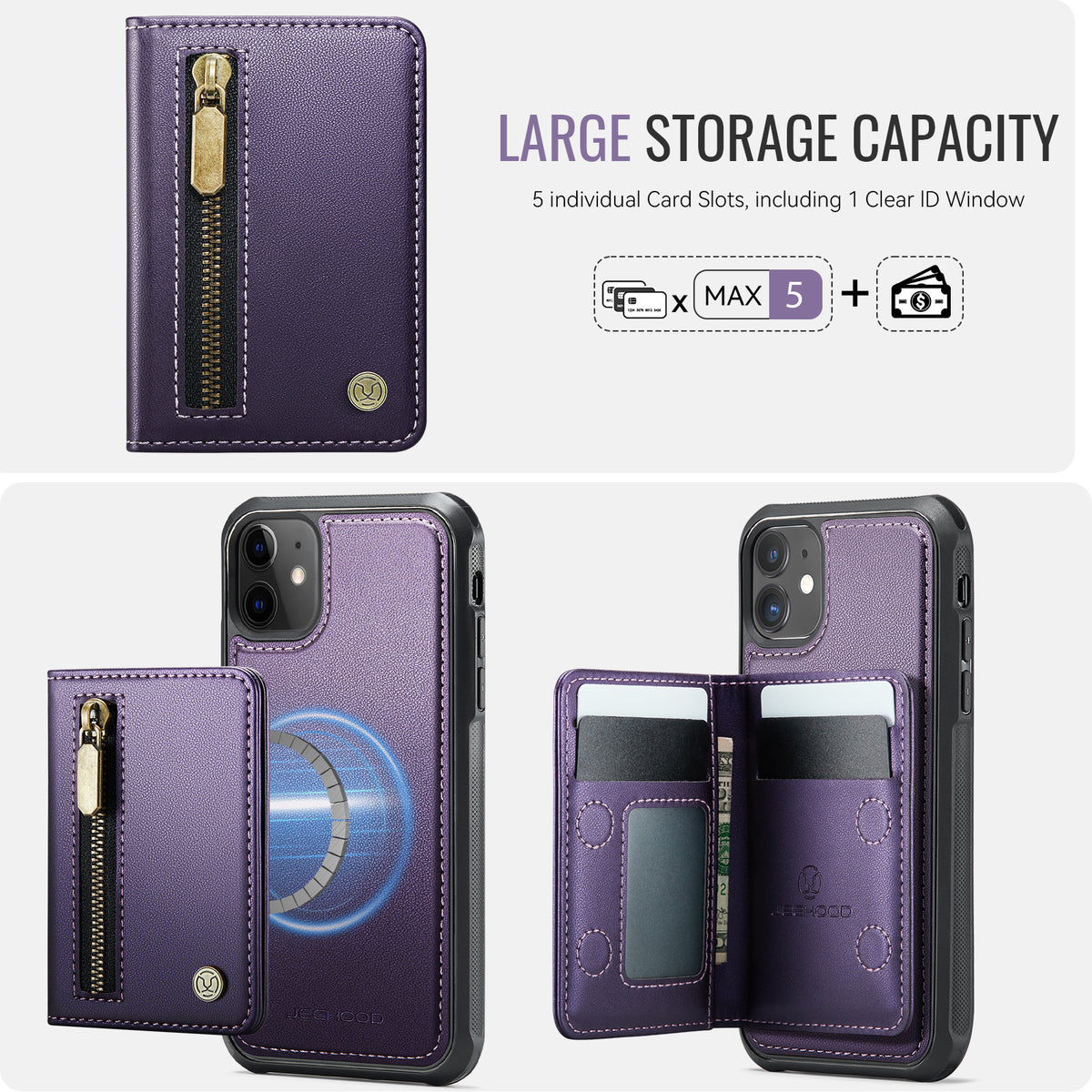 JEEHOOD For iPhone 11 Case J12 Magnetic Detachable Zipper Wallet Kickstand Leather Back Cover Compatible with MagSafe