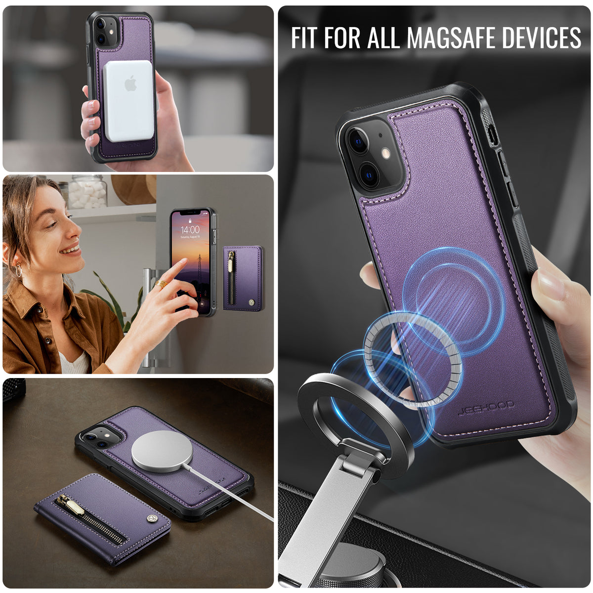 JEEHOOD For iPhone 11 Case J12 Magnetic Detachable Zipper Wallet Kickstand Leather Back Cover Compatible with MagSafe
