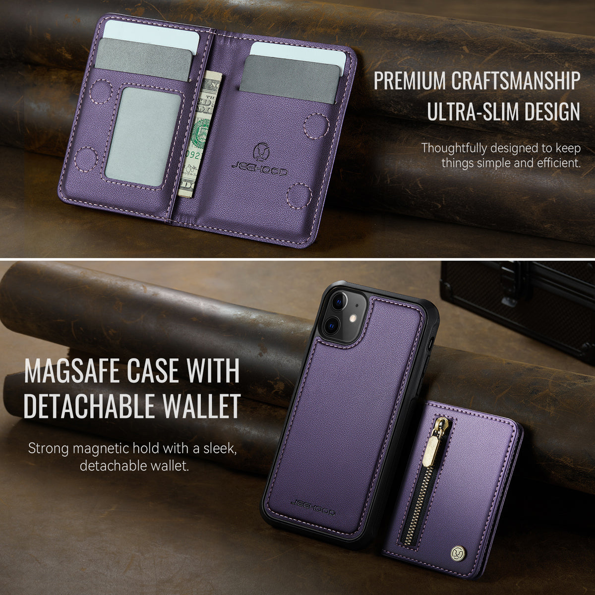 JEEHOOD For iPhone 11 Case J12 Magnetic Detachable Zipper Wallet Kickstand Leather Back Cover Compatible with MagSafe