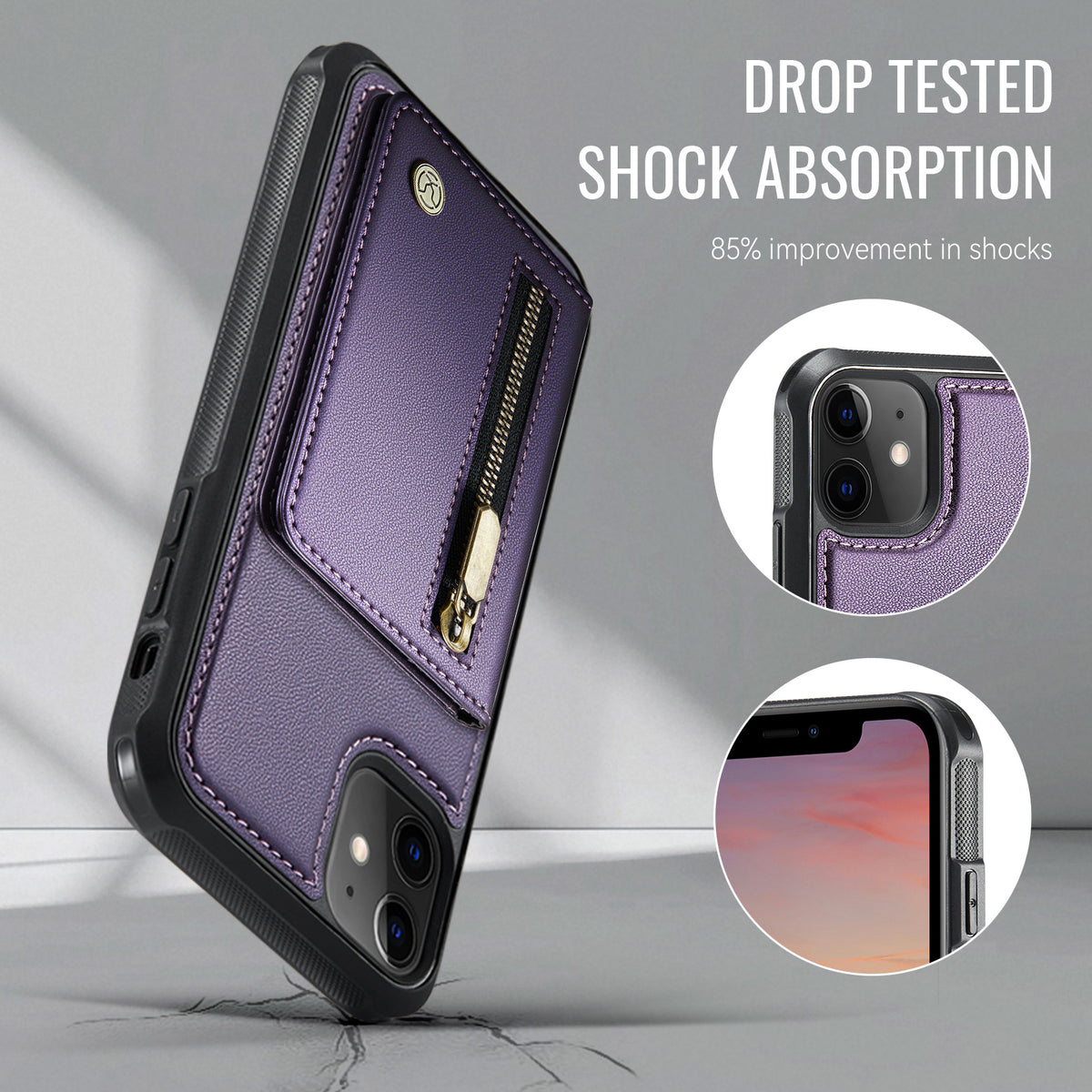 JEEHOOD For iPhone 11 Case J12 Magnetic Detachable Zipper Wallet Kickstand Leather Back Cover Compatible with MagSafe