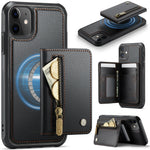 JEEHOOD For iPhone 11 Case J12 Magnetic Detachable Zipper Wallet Kickstand Leather Back Cover Compatible with MagSafe