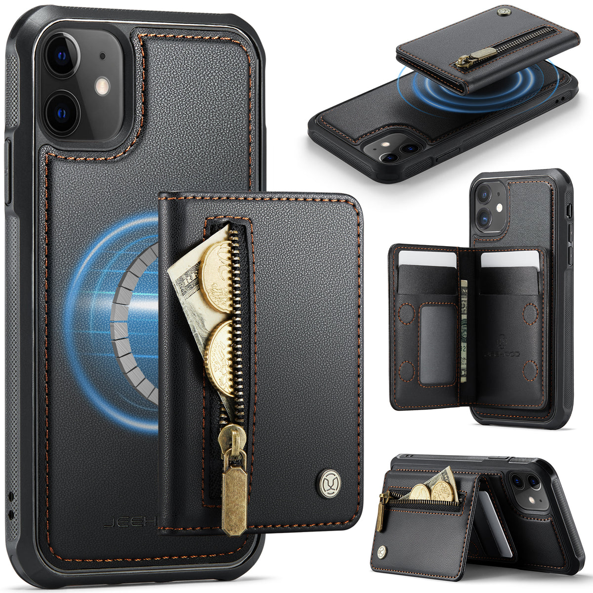 JEEHOOD For iPhone 11 Case J12 Magnetic Detachable Zipper Wallet Kickstand Leather Back Cover Compatible with MagSafe