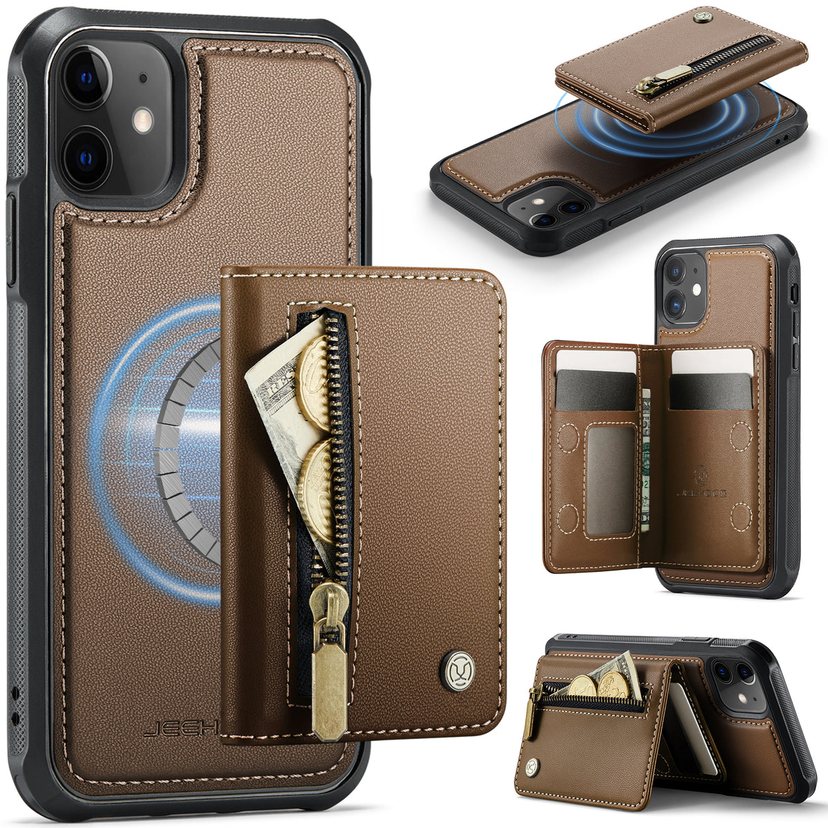 JEEHOOD For iPhone 11 Case J12 Magnetic Detachable Zipper Wallet Kickstand Leather Back Cover Compatible with MagSafe