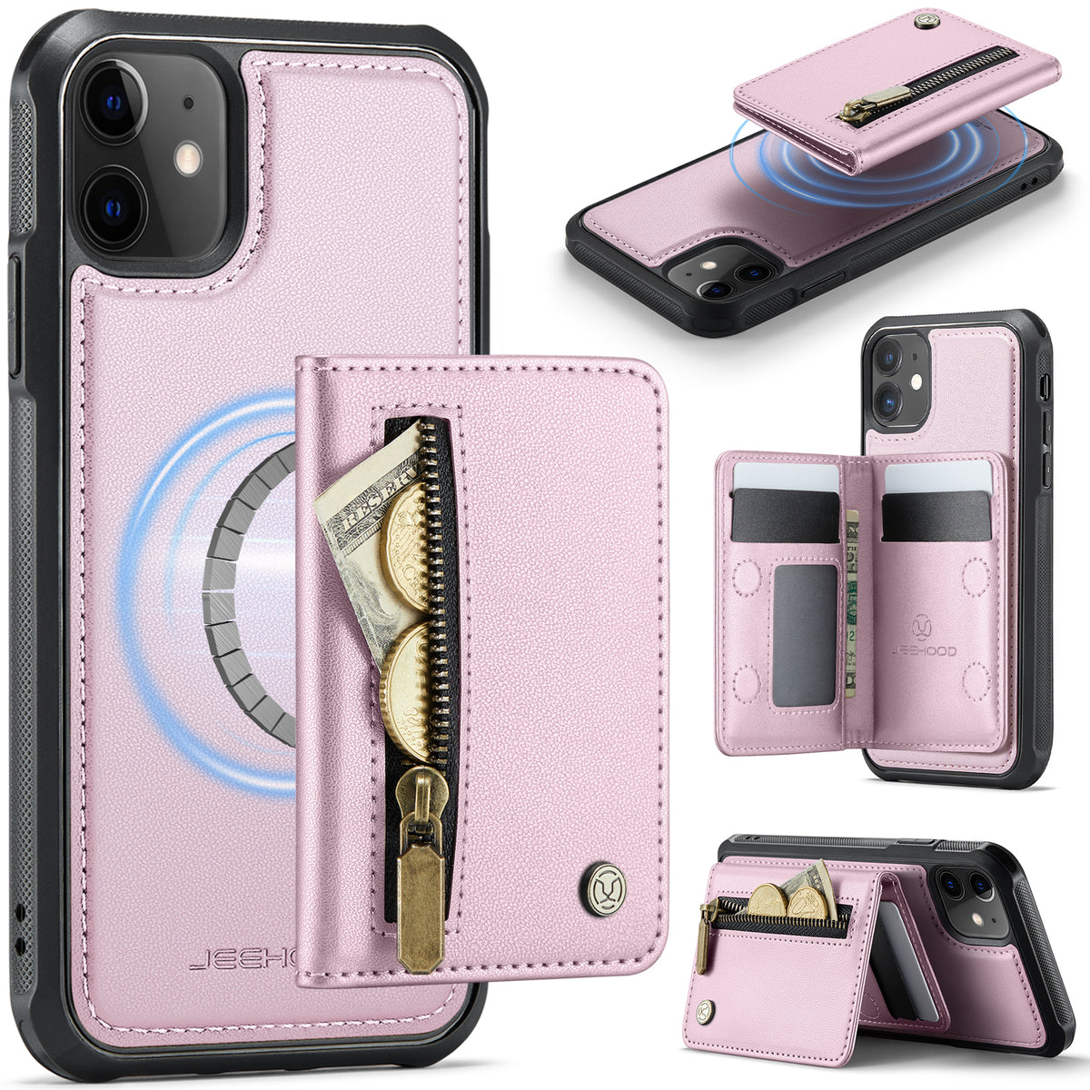 JEEHOOD For iPhone 11 Case J12 Magnetic Detachable Zipper Wallet Kickstand Leather Back Cover Compatible with MagSafe