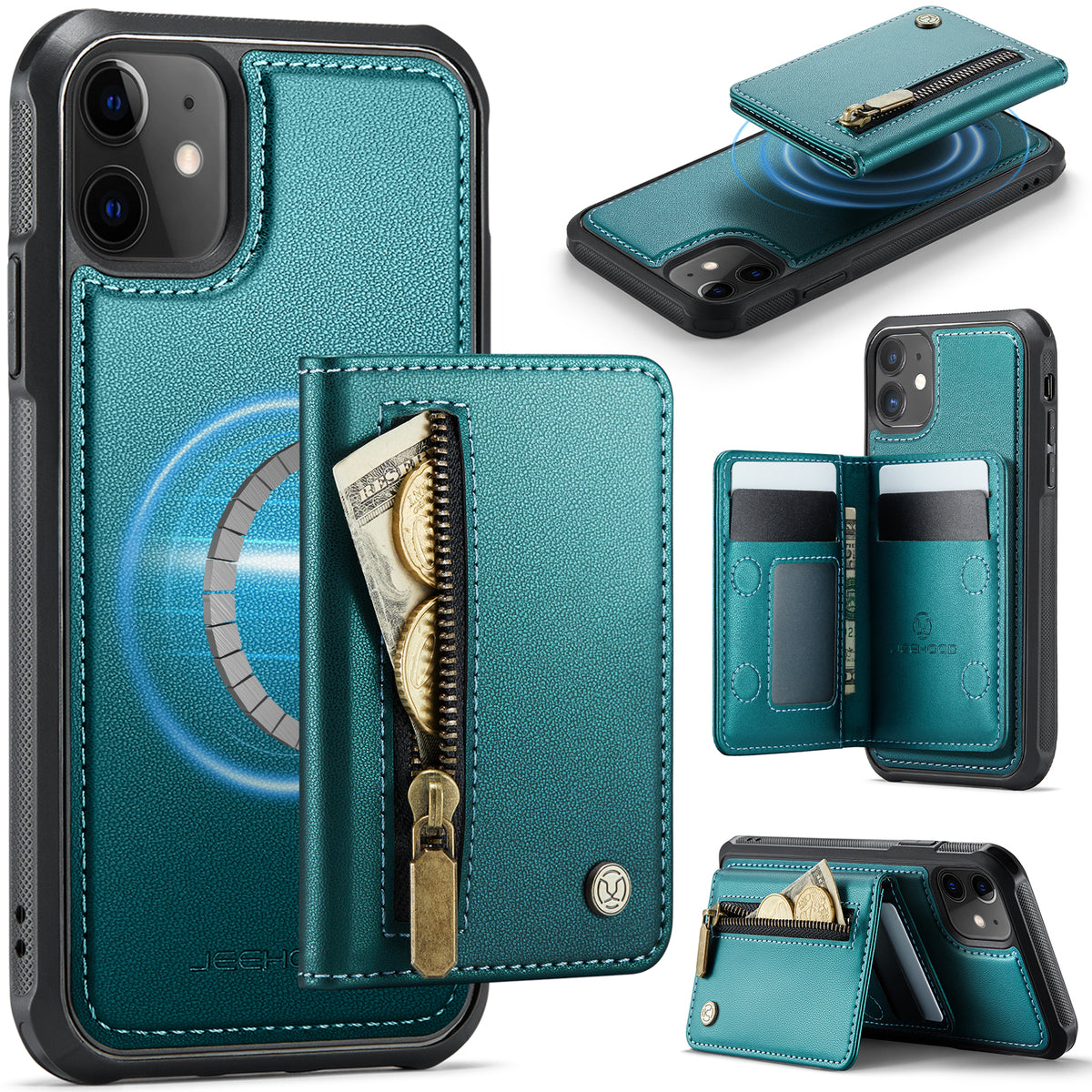 JEEHOOD For iPhone 11 Case J12 Magnetic Detachable Zipper Wallet Kickstand Leather Back Cover Compatible with MagSafe