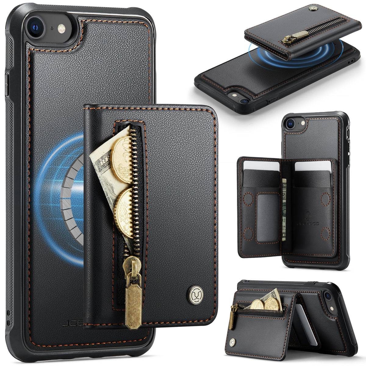 JEEHOOD For iPhone 8 4.7 inch / iPhone SE (2020) / iPhone SE (2022) / iPhone 7 4.7 inch Case  J12 Magnetic Detachable Zipper Wallet Kickstand Leather Back Cover Compatible with MagSafe