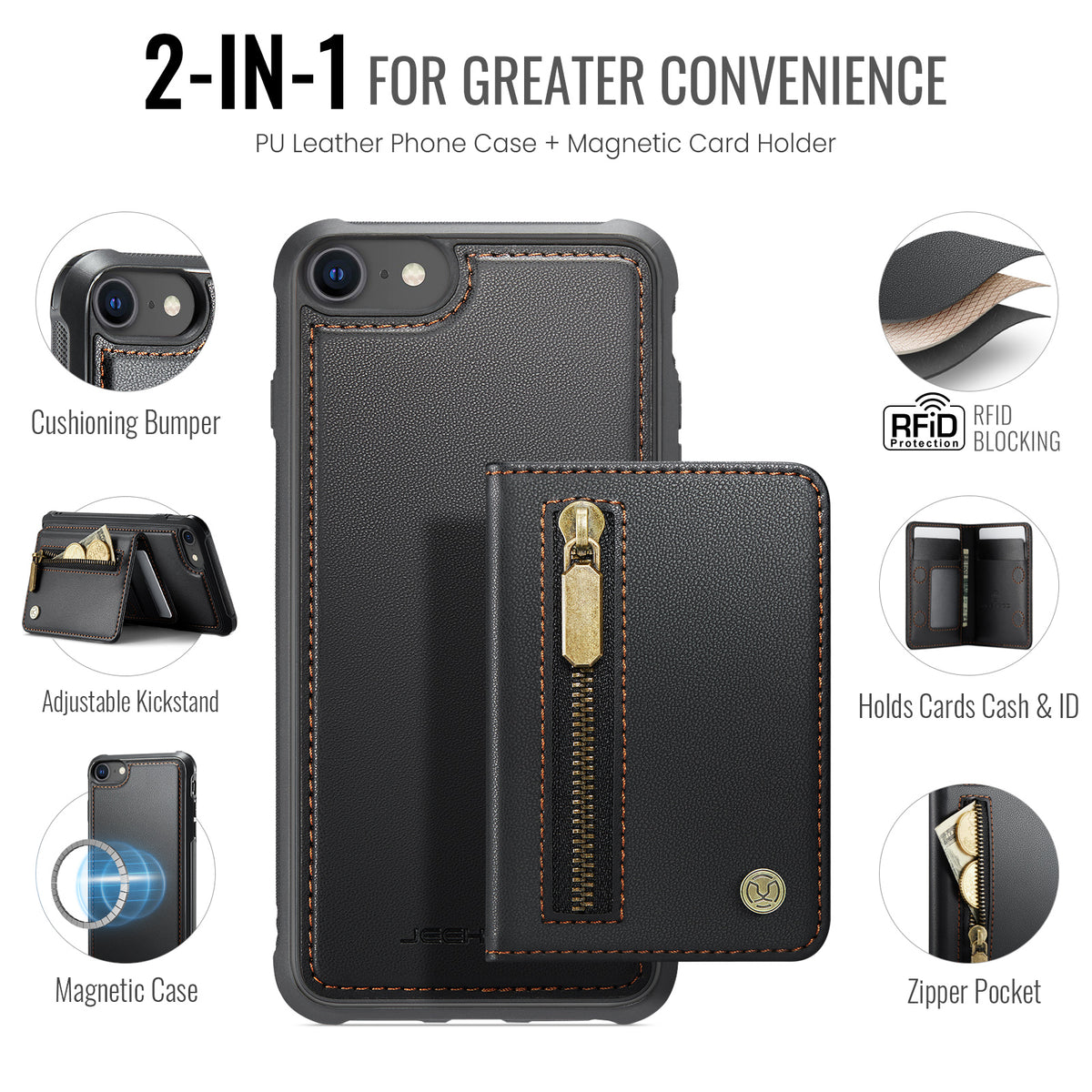 JEEHOOD For iPhone 8 4.7 inch / iPhone SE (2020) / iPhone SE (2022) / iPhone 7 4.7 inch Case  J12 Magnetic Detachable Zipper Wallet Kickstand Leather Back Cover Compatible with MagSafe