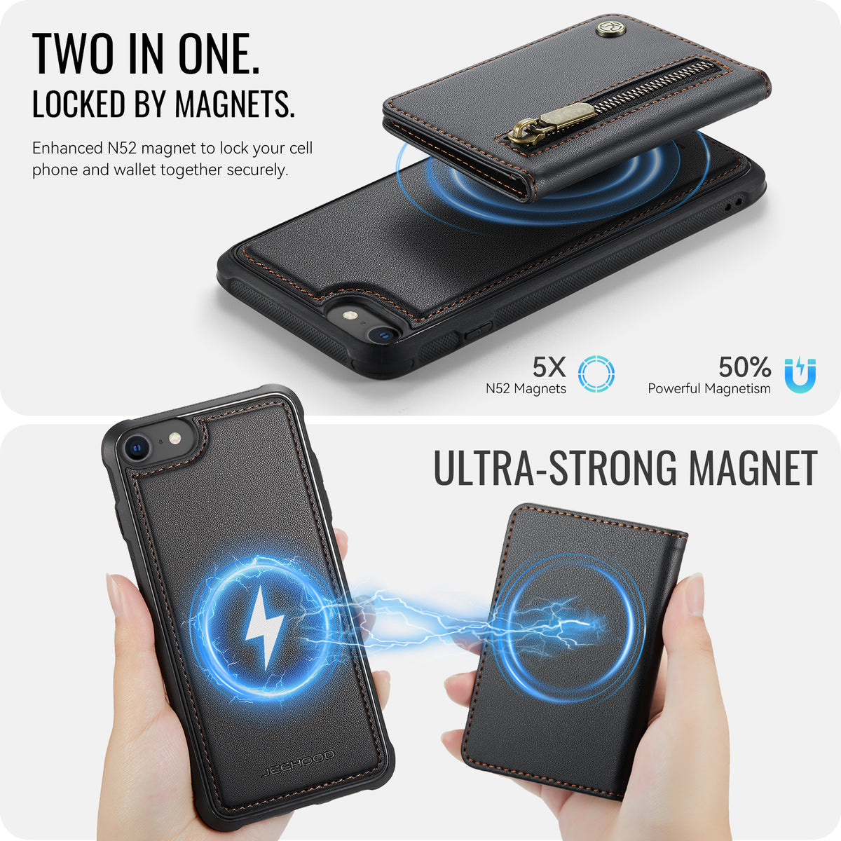 JEEHOOD For iPhone 8 4.7 inch / iPhone SE (2020) / iPhone SE (2022) / iPhone 7 4.7 inch Case  J12 Magnetic Detachable Zipper Wallet Kickstand Leather Back Cover Compatible with MagSafe
