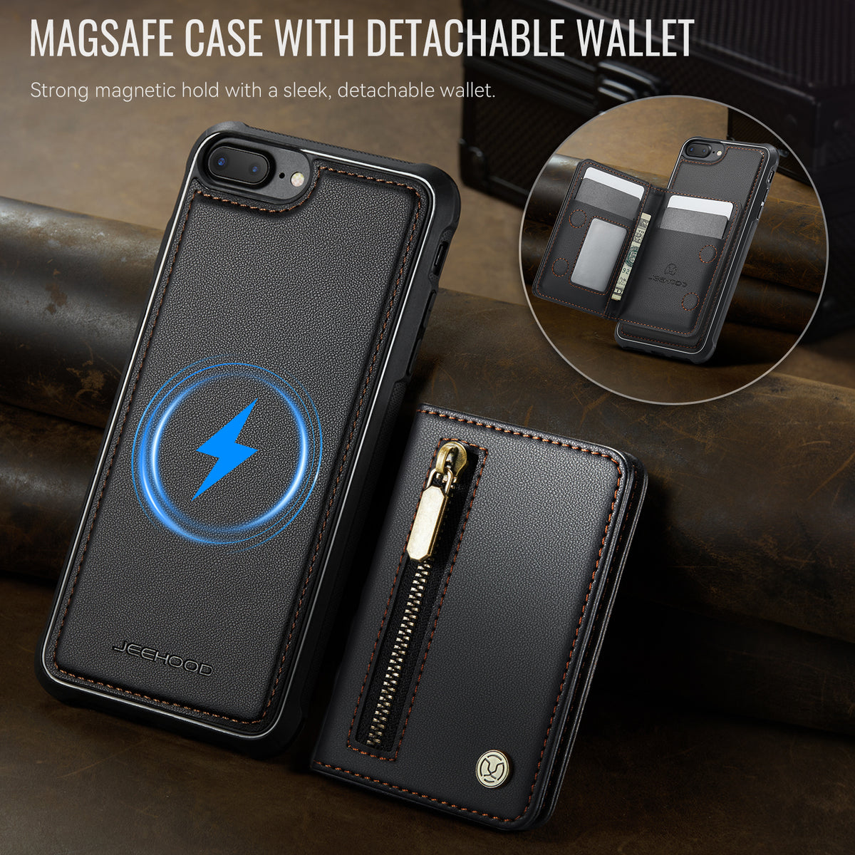 JEEHOOD For iPhone 8 4.7 inch / iPhone SE (2020) / iPhone SE (2022) / iPhone 7 4.7 inch Case  J12 Magnetic Detachable Zipper Wallet Kickstand Leather Back Cover Compatible with MagSafe