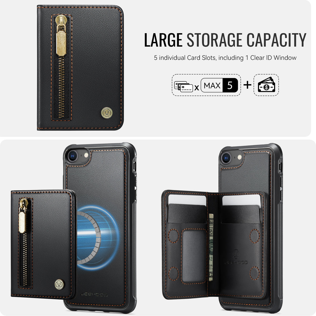 JEEHOOD For iPhone 8 4.7 inch / iPhone SE (2020) / iPhone SE (2022) / iPhone 7 4.7 inch Case  J12 Magnetic Detachable Zipper Wallet Kickstand Leather Back Cover Compatible with MagSafe