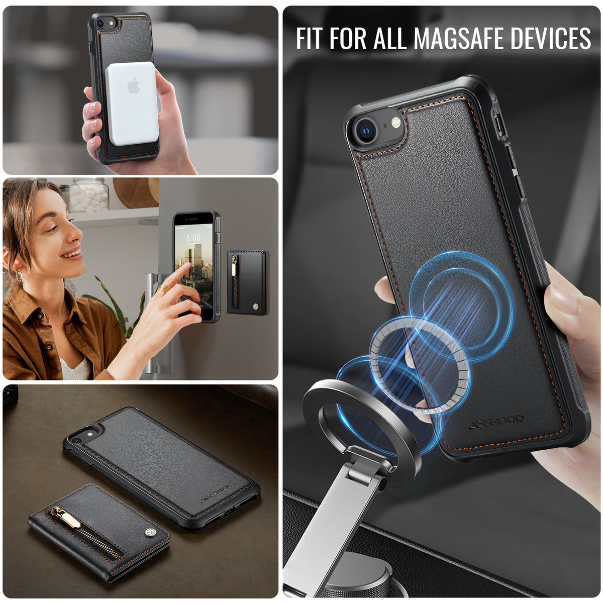 JEEHOOD For iPhone 8 4.7 inch / iPhone SE (2020) / iPhone SE (2022) / iPhone 7 4.7 inch Case  J12 Magnetic Detachable Zipper Wallet Kickstand Leather Back Cover Compatible with MagSafe