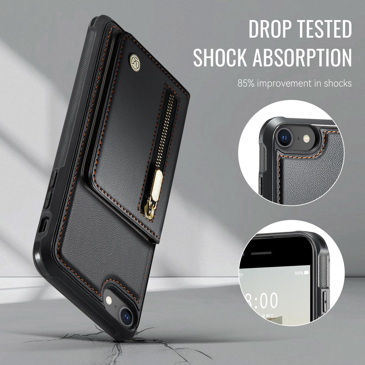 JEEHOOD For iPhone 8 4.7 inch / iPhone SE (2020) / iPhone SE (2022) / iPhone 7 4.7 inch Case  J12 Magnetic Detachable Zipper Wallet Kickstand Leather Back Cover Compatible with MagSafe
