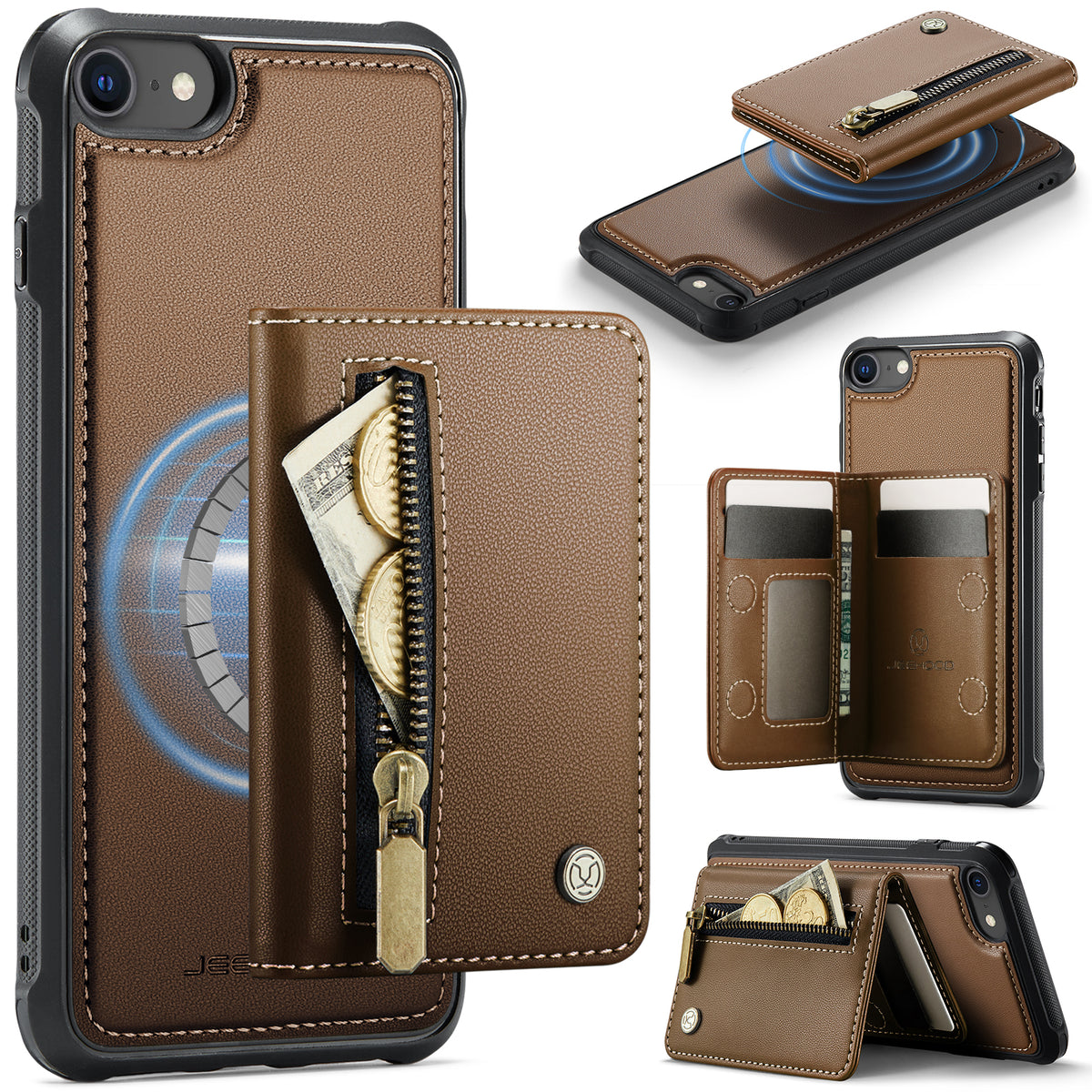 JEEHOOD For iPhone 8 4.7 inch / iPhone SE (2020) / iPhone SE (2022) / iPhone 7 4.7 inch Case  J12 Magnetic Detachable Zipper Wallet Kickstand Leather Back Cover Compatible with MagSafe