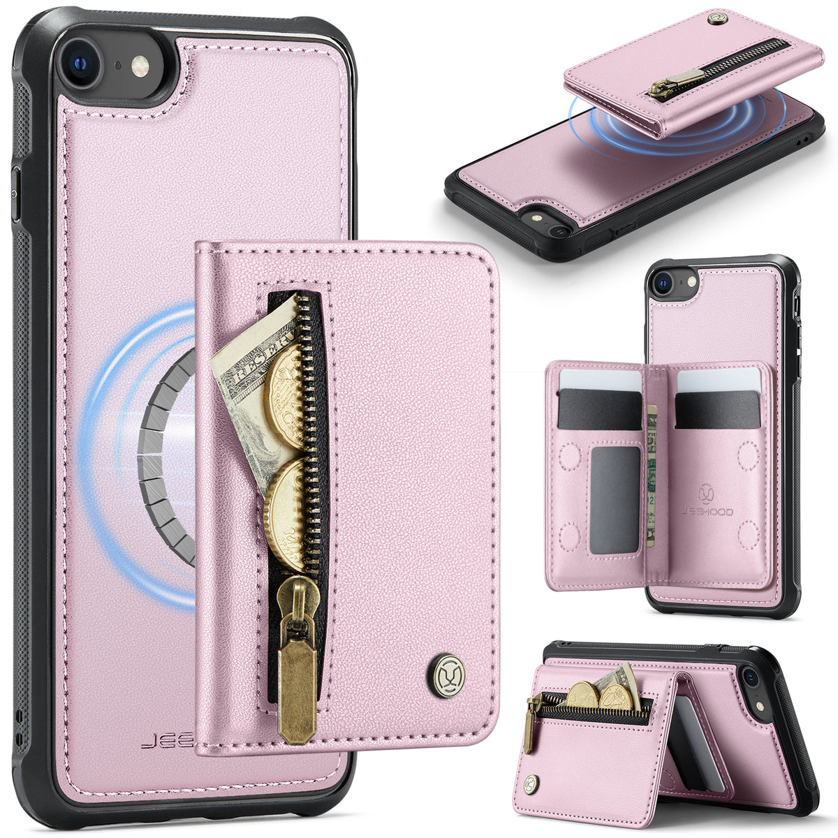 JEEHOOD For iPhone 8 4.7 inch / iPhone SE (2020) / iPhone SE (2022) / iPhone 7 4.7 inch Case  J12 Magnetic Detachable Zipper Wallet Kickstand Leather Back Cover Compatible with MagSafe