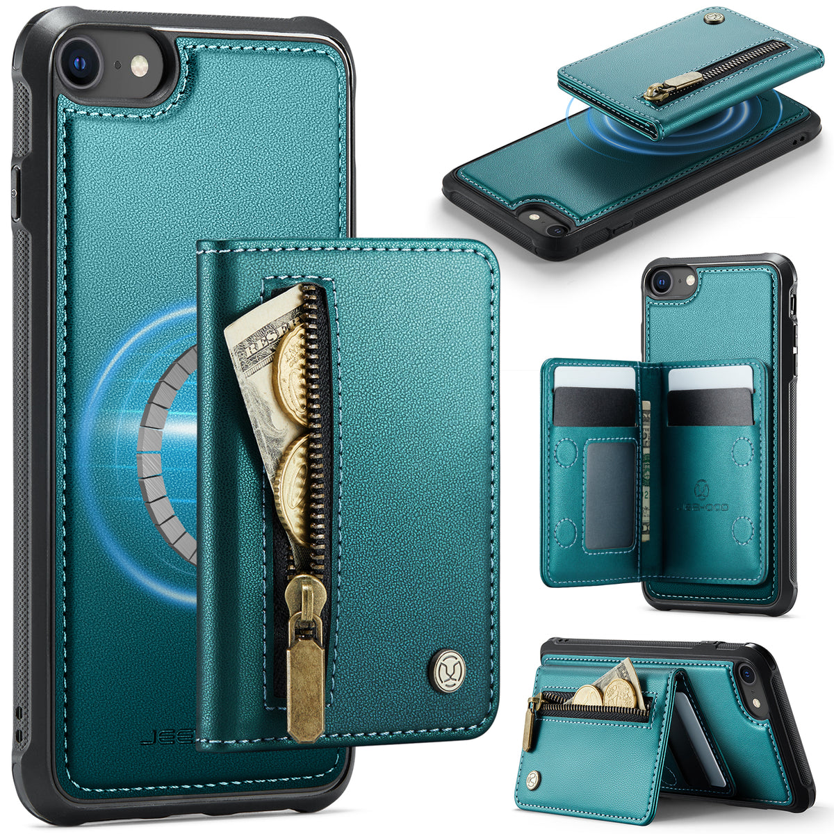 JEEHOOD For iPhone 8 4.7 inch / iPhone SE (2020) / iPhone SE (2022) / iPhone 7 4.7 inch Case  J12 Magnetic Detachable Zipper Wallet Kickstand Leather Back Cover Compatible with MagSafe