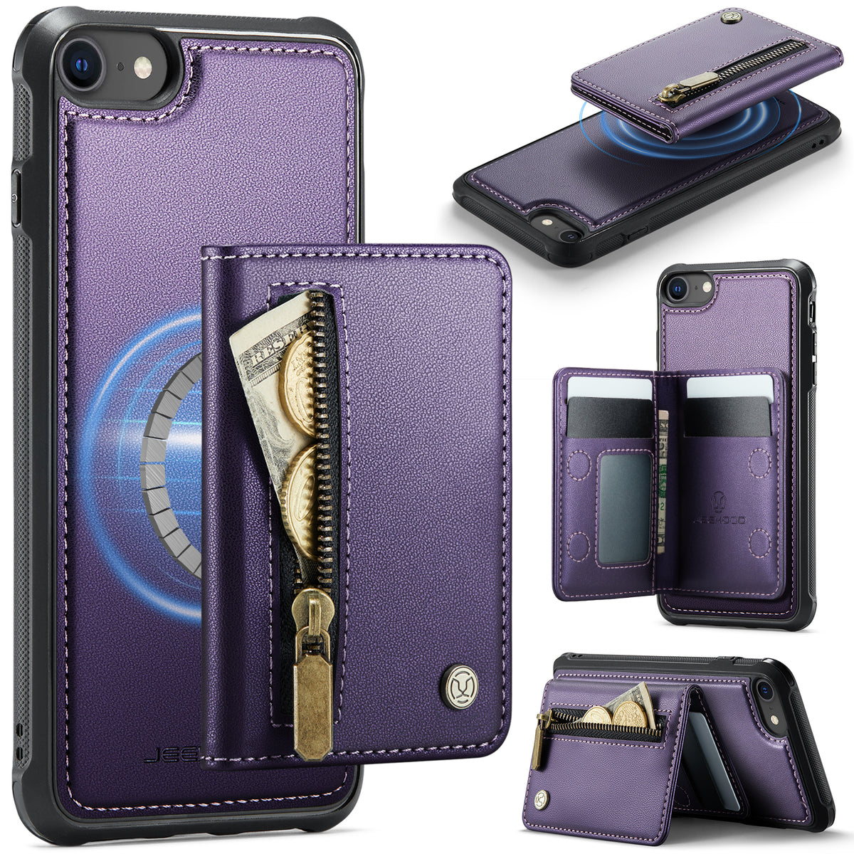 JEEHOOD For iPhone 8 4.7 inch / iPhone SE (2020) / iPhone SE (2022) / iPhone 7 4.7 inch Case  J12 Magnetic Detachable Zipper Wallet Kickstand Leather Back Cover Compatible with MagSafe