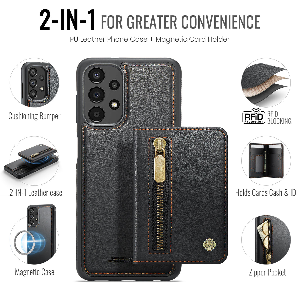JEEHOOD För Samsung Galaxy A13 4G / Galaxy A04s 4G (164.7mm) / Galaxy A13 5G Skal J12 Magnetiskt Avtagbart Dragkedja Plånbok Stativ Läder Bakstycke Magnetiskt Skal