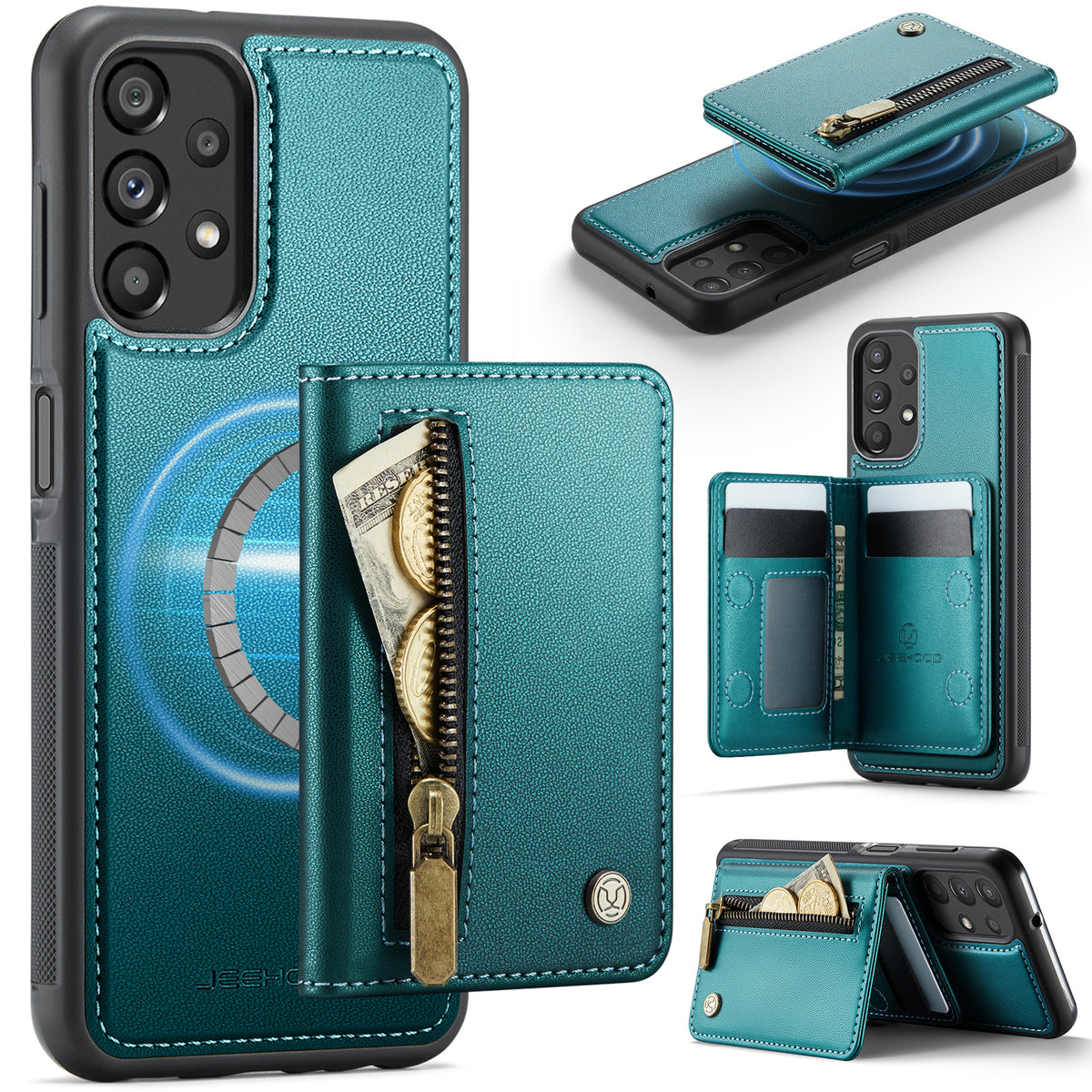 JEEHOOD För Samsung Galaxy A13 4G / Galaxy A04s 4G (164.7mm) / Galaxy A13 5G Skal J12 Magnetiskt Avtagbart Dragkedja Plånbok Stativ Läder Bakstycke Magnetiskt Skal