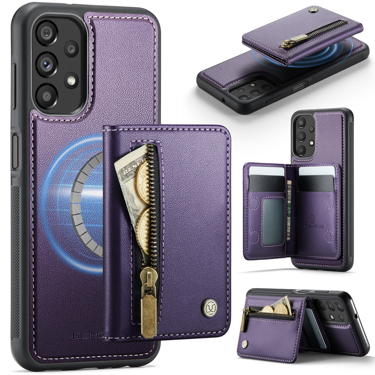JEEHOOD För Samsung Galaxy A13 4G / Galaxy A04s 4G (164.7mm) / Galaxy A13 5G Skal J12 Magnetiskt Avtagbart Dragkedja Plånbok Stativ Läder Bakstycke Magnetiskt Skal