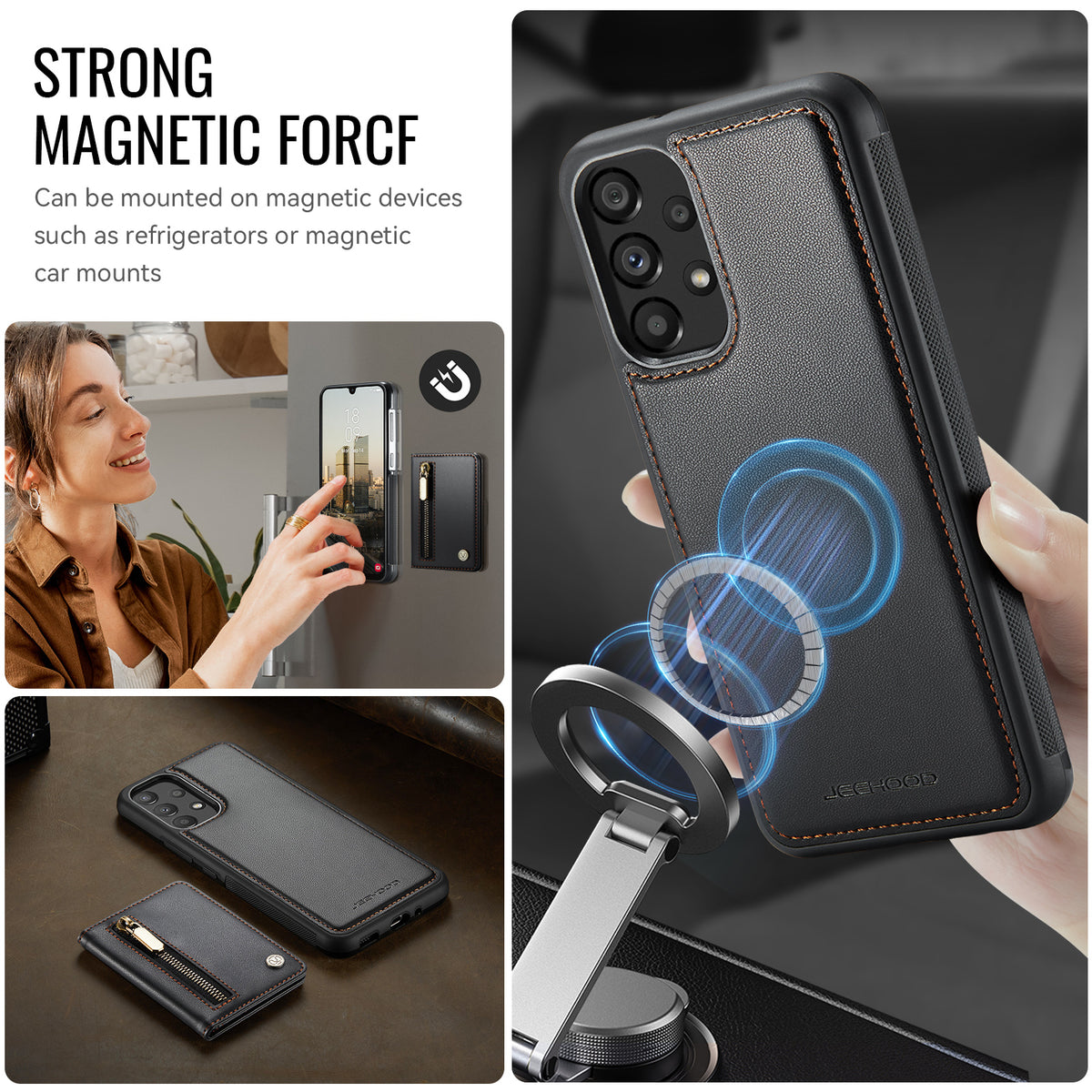 JEEHOOD För Samsung Galaxy A33 5G Skal J12 Magnetiskt Avtagbart Dragkedja Plånbok Stativ Läder Bakstycke Magnetiskt Skal