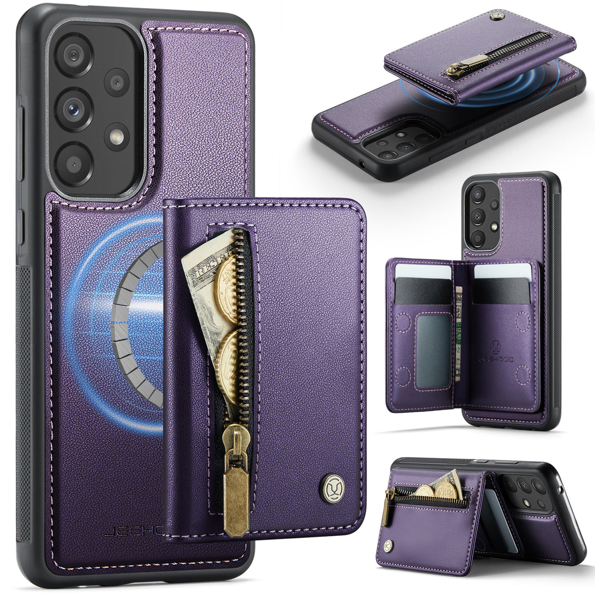 JEEHOOD För Samsung Galaxy A33 5G Skal J12 Magnetiskt Avtagbart Dragkedja Plånbok Stativ Läder Bakstycke Magnetiskt Skal