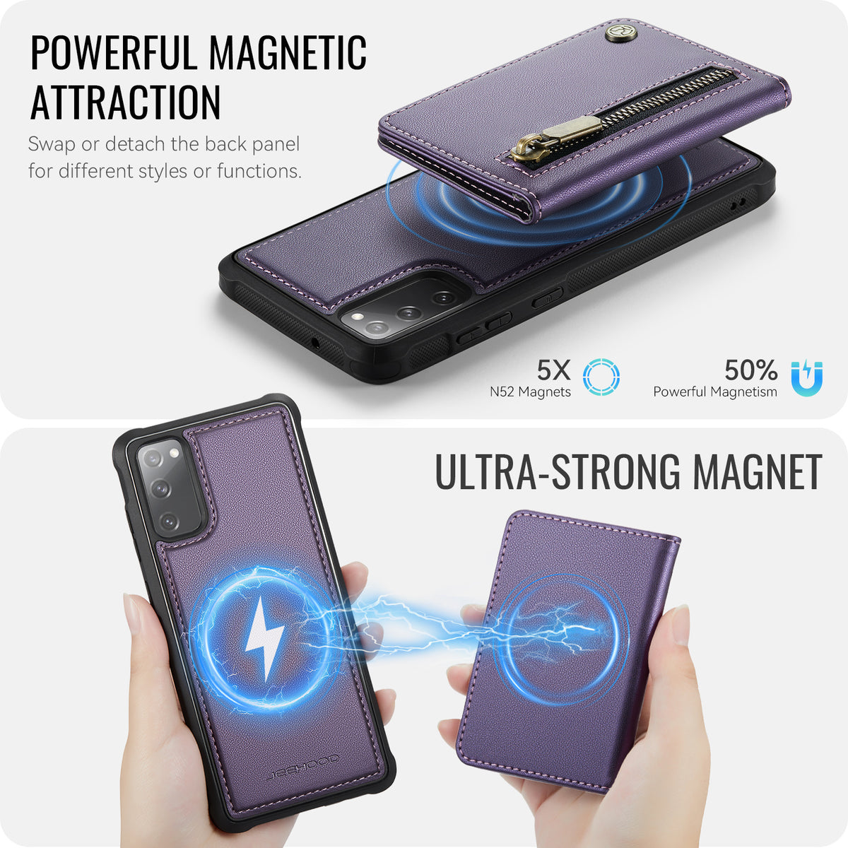 JEEHOOD til Samsung Galaxy S20 FE-cover J12 magnetisk aftageligt tegnebogscover med lynlås, stativ og læderbagside