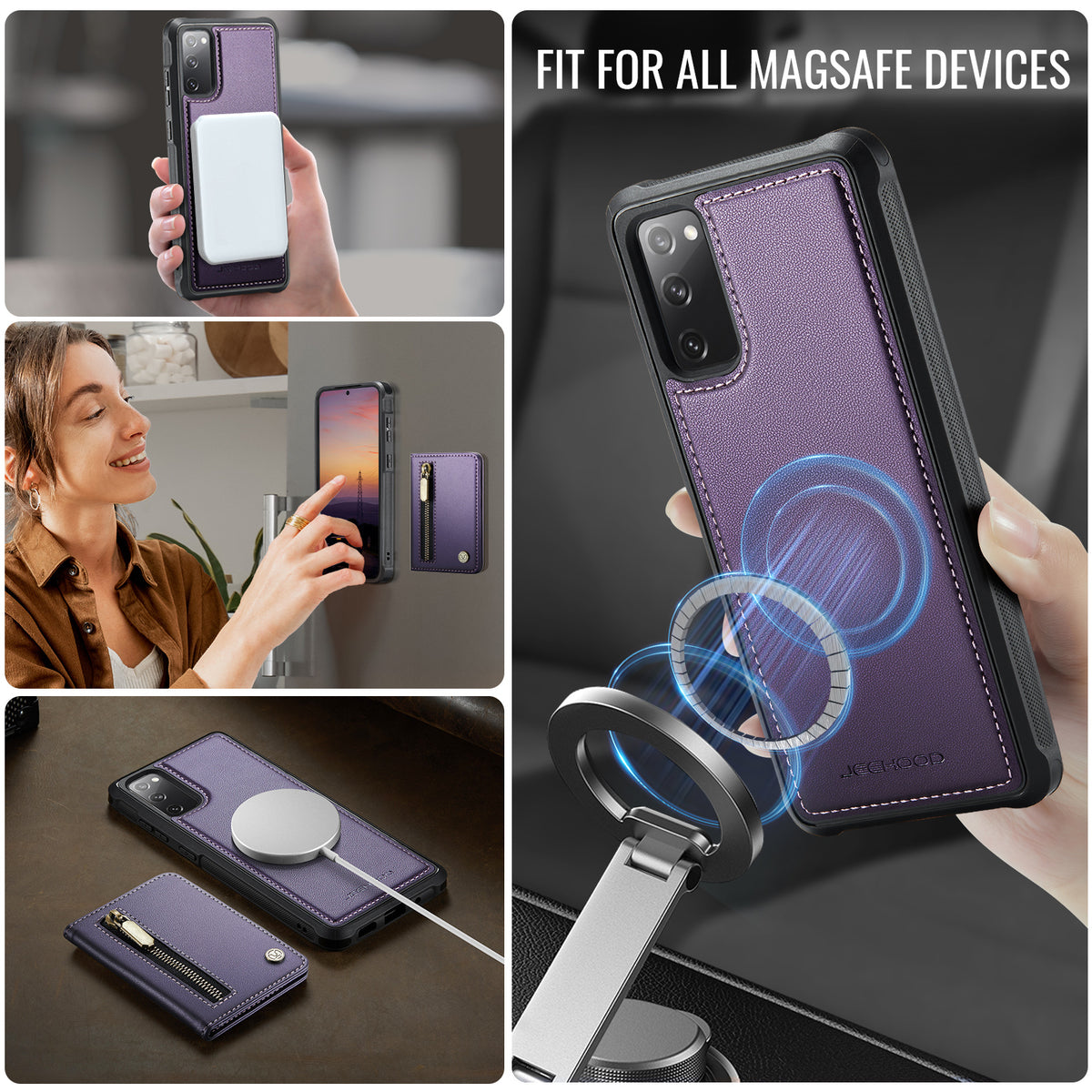 JEEHOOD til Samsung Galaxy S20 FE-cover J12 magnetisk aftageligt tegnebogscover med lynlås, stativ og læderbagside