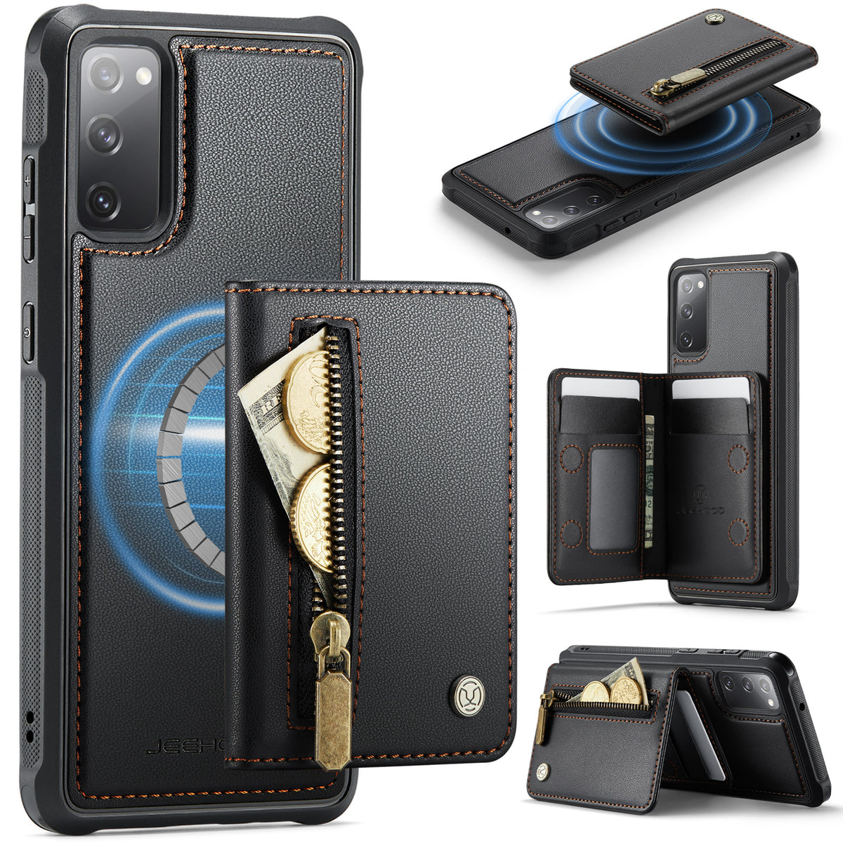 JEEHOOD til Samsung Galaxy S20 FE-cover J12 magnetisk aftageligt tegnebogscover med lynlås, stativ og læderbagside