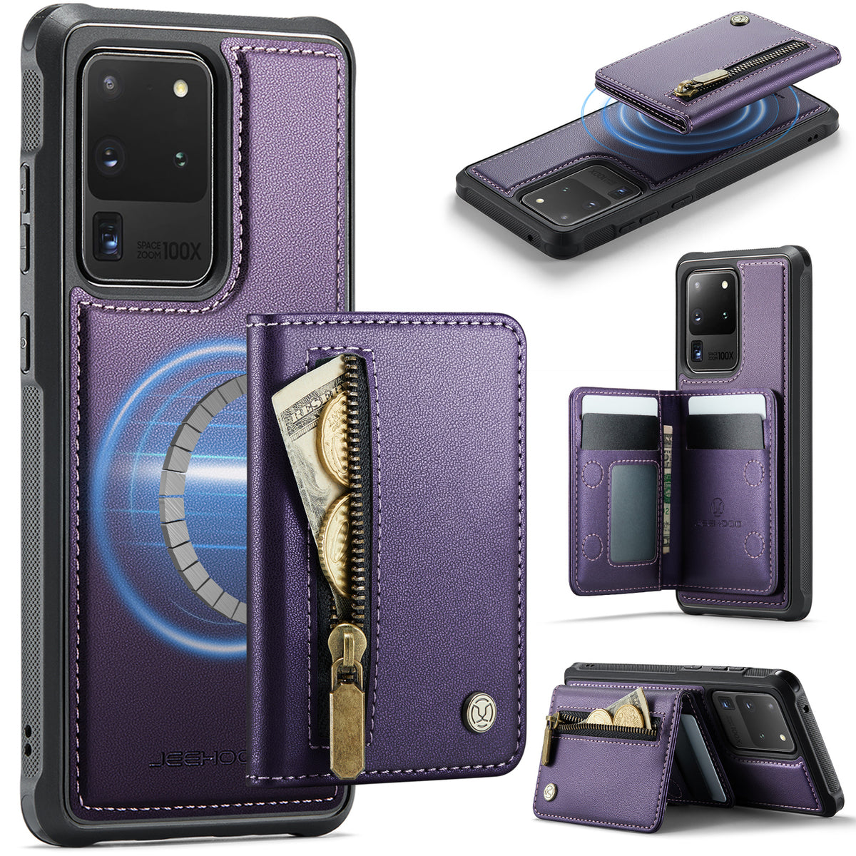 JEEHOOD För Samsung Galaxy S20 Ultra Skal J12 Magnetiskt Avtagbart Dragkedja Plånbok Stativ Läder Bakstycke Magnetiskt Skal