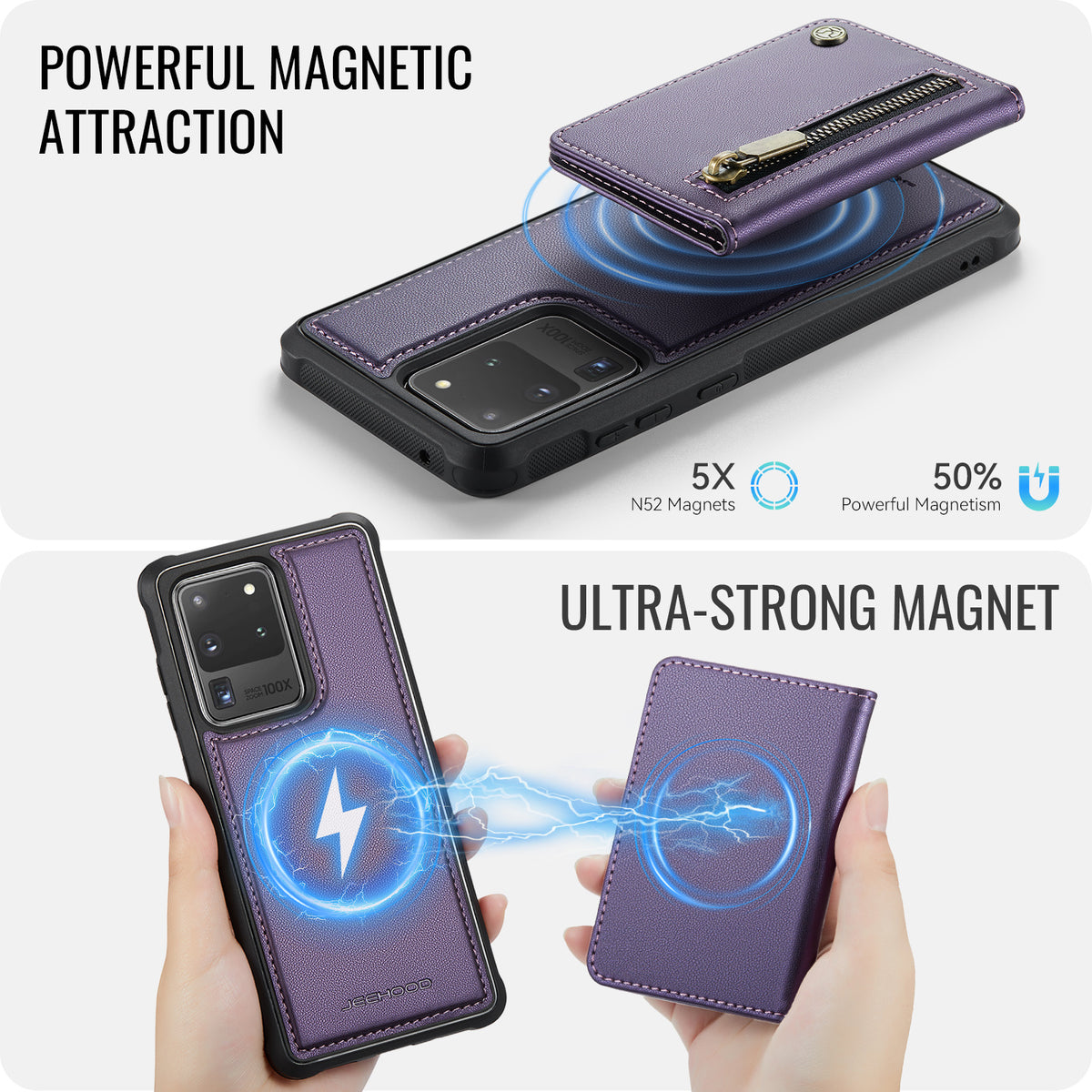 JEEHOOD För Samsung Galaxy S20 Ultra Skal J12 Magnetiskt Avtagbart Dragkedja Plånbok Stativ Läder Bakstycke Magnetiskt Skal