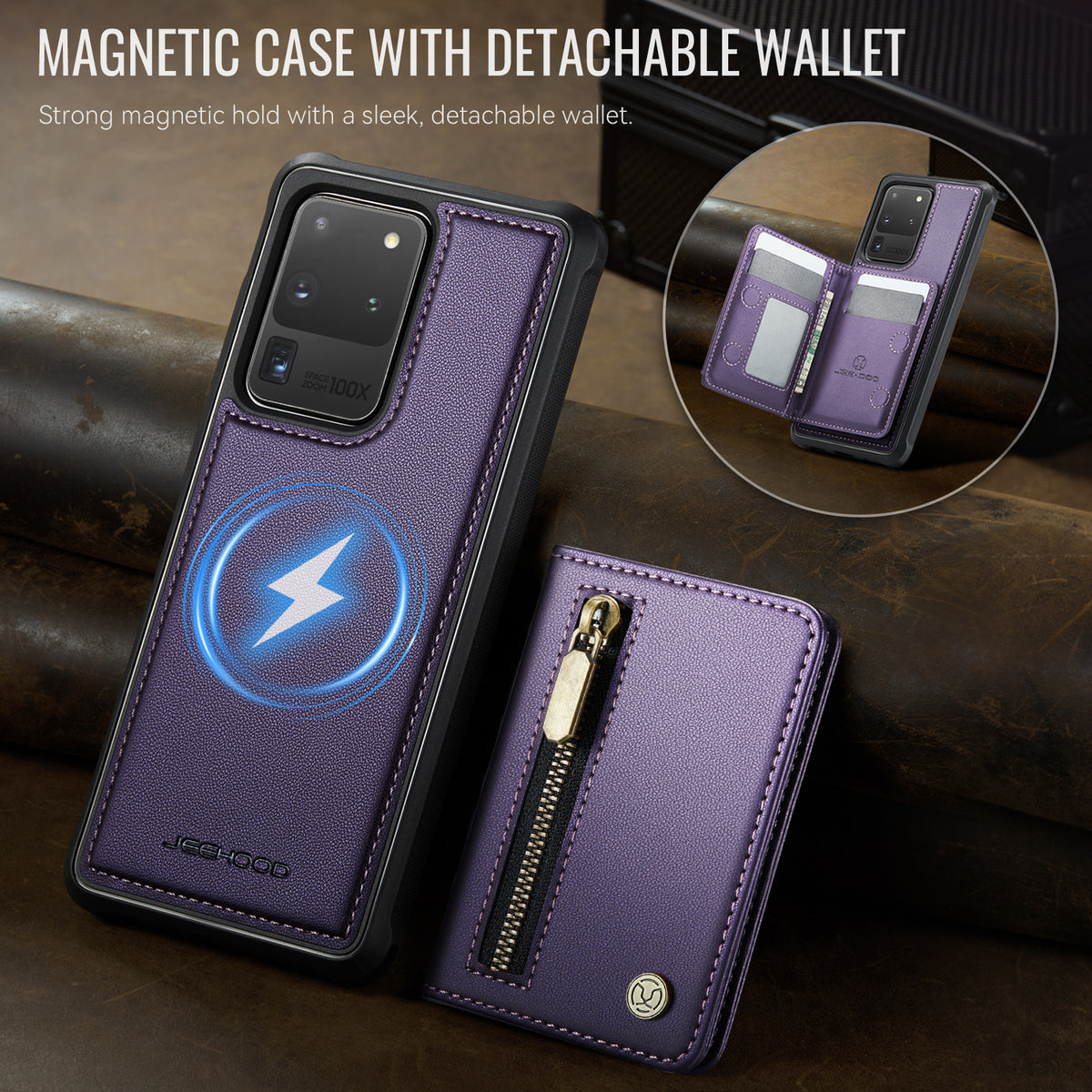 JEEHOOD För Samsung Galaxy S20 Ultra Skal J12 Magnetiskt Avtagbart Dragkedja Plånbok Stativ Läder Bakstycke Magnetiskt Skal