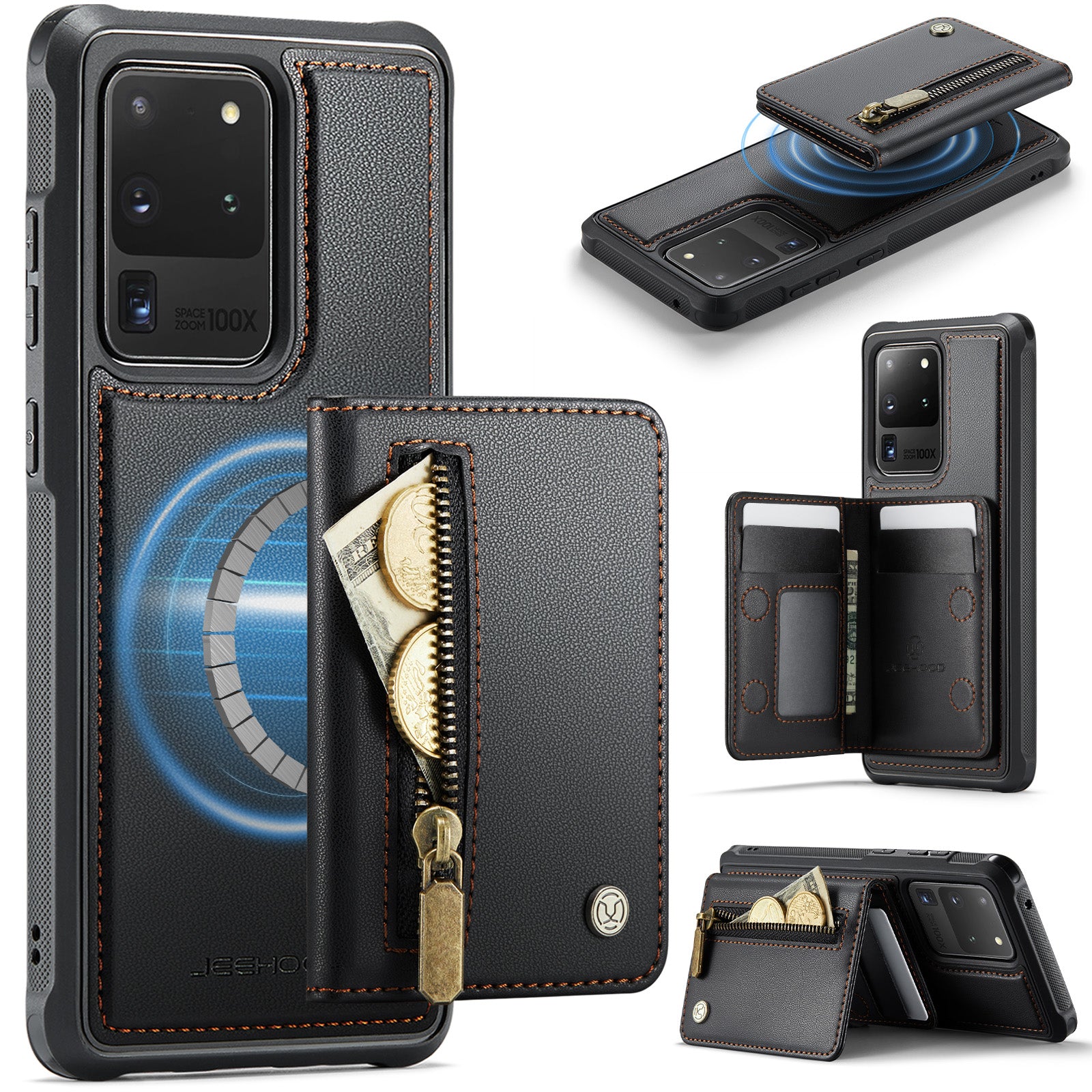 JEEHOOD For Samsung Galaxy S20 Ultra Case  J12 Magnetic Detachable Zipper Wallet Kickstand Leather Back Cover Magnetic Case