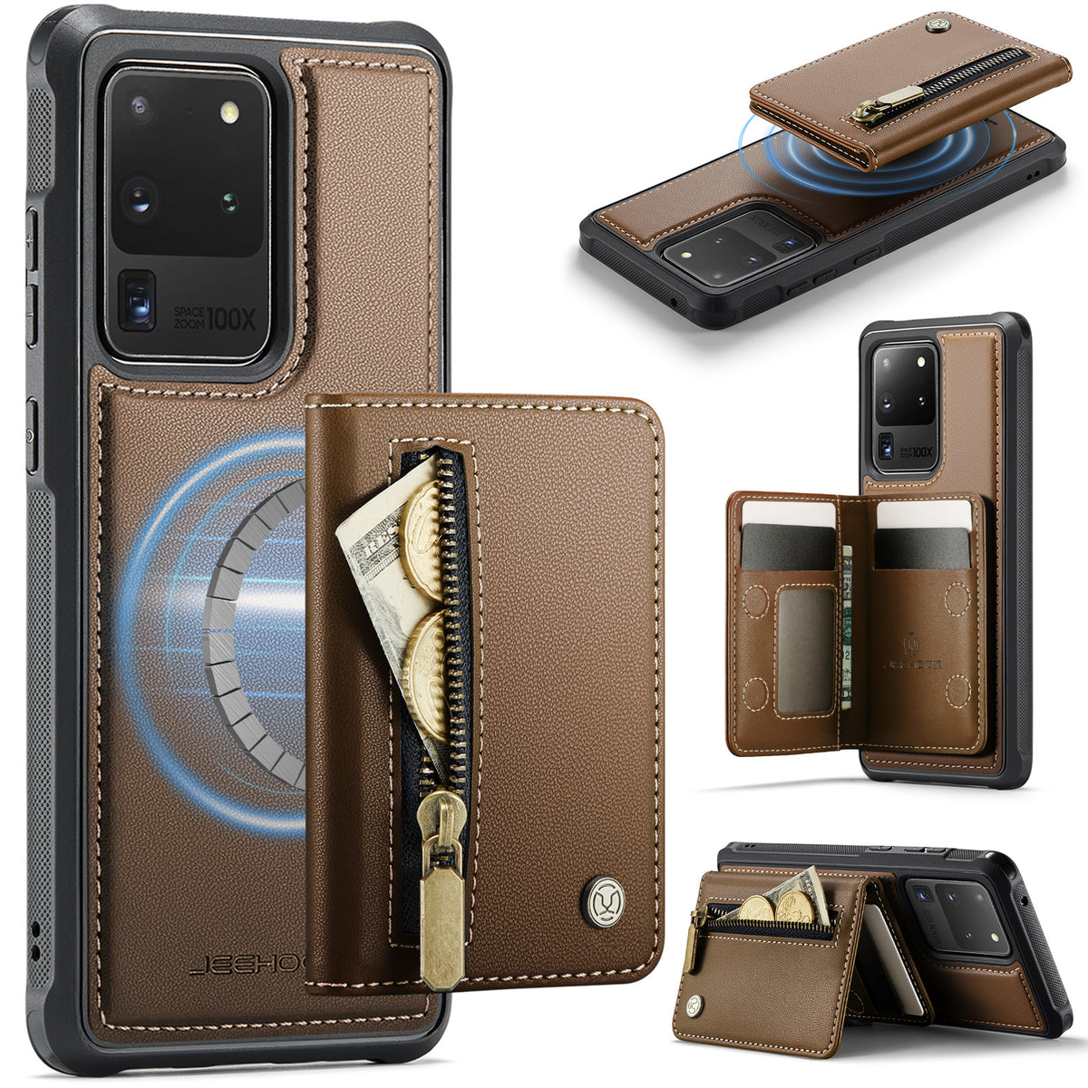 JEEHOOD För Samsung Galaxy S20 Ultra Skal J12 Magnetiskt Avtagbart Dragkedja Plånbok Stativ Läder Bakstycke Magnetiskt Skal