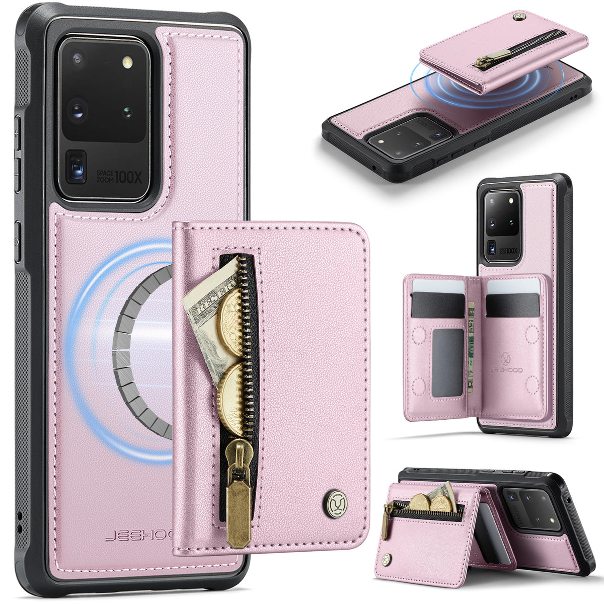 JEEHOOD För Samsung Galaxy S20 Ultra Skal J12 Magnetiskt Avtagbart Dragkedja Plånbok Stativ Läder Bakstycke Magnetiskt Skal