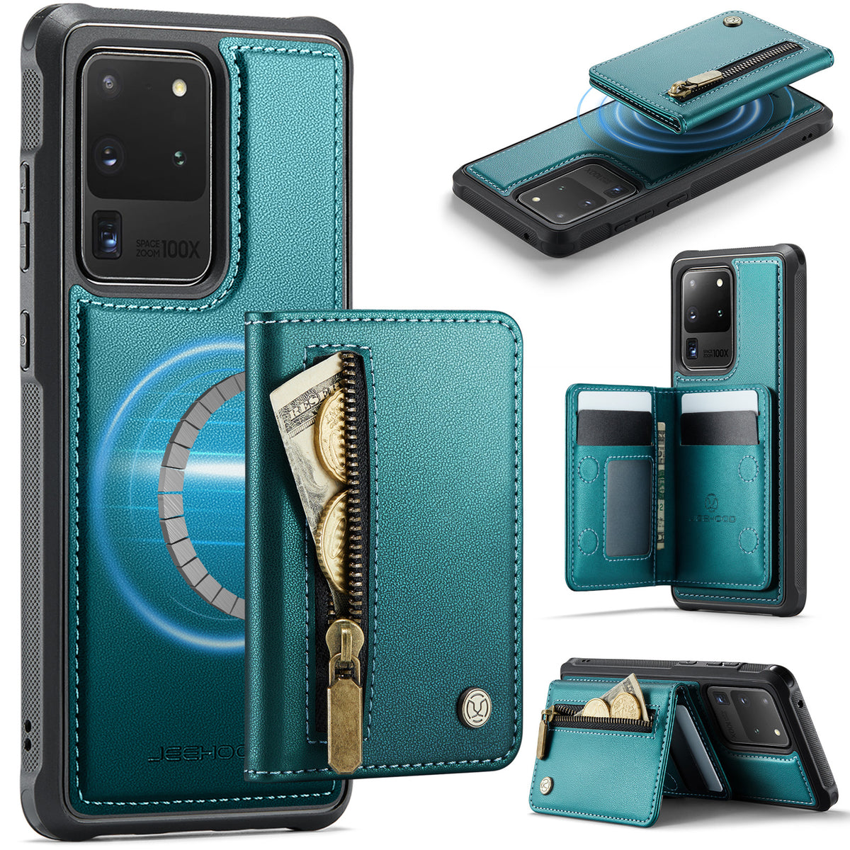 JEEHOOD För Samsung Galaxy S20 Ultra Skal J12 Magnetiskt Avtagbart Dragkedja Plånbok Stativ Läder Bakstycke Magnetiskt Skal