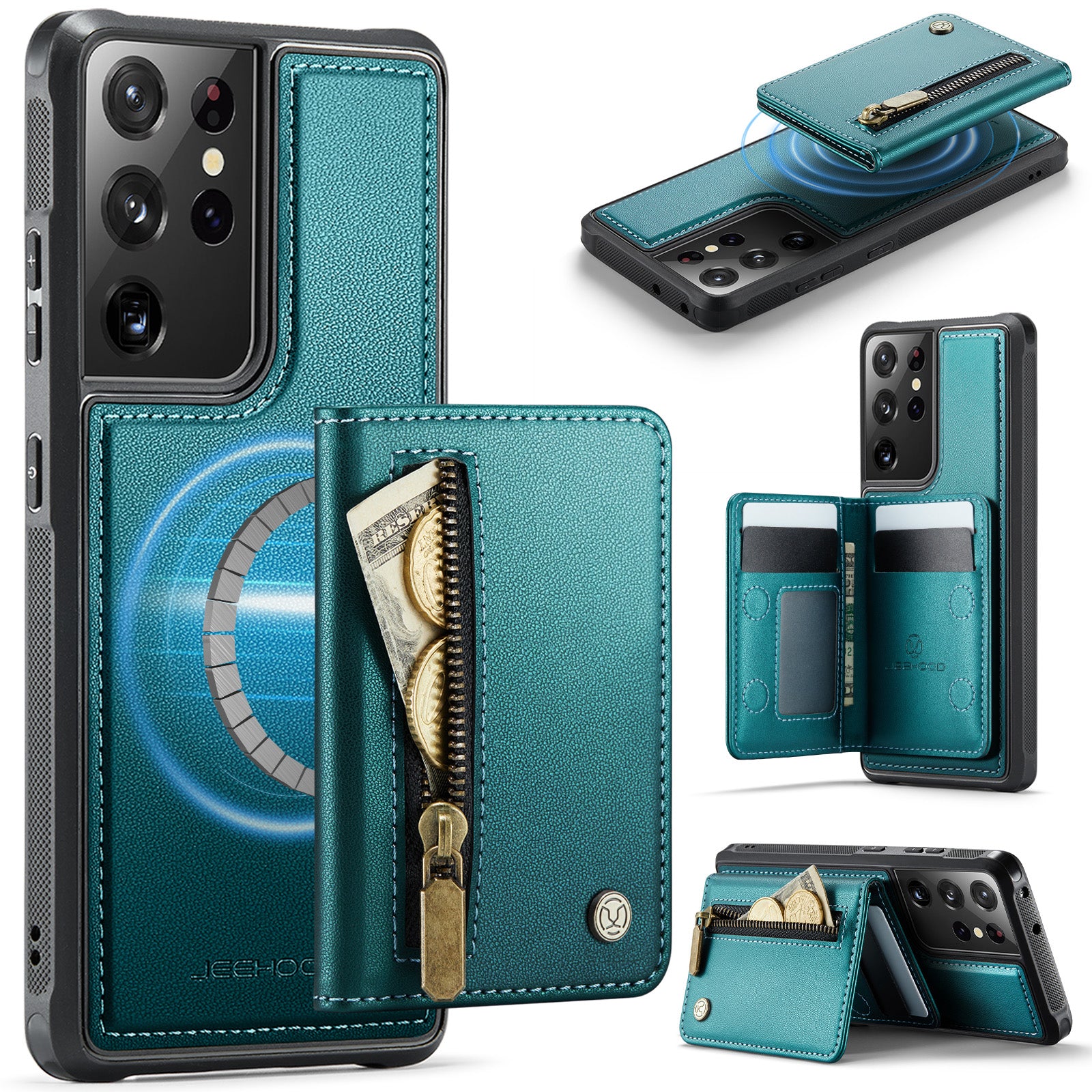 JEEHOOD For Samsung Galaxy S21 Ultra 5G Case  J12 Magnetic Detachable Zipper Wallet Kickstand Leather Back Cover Magnetic Case