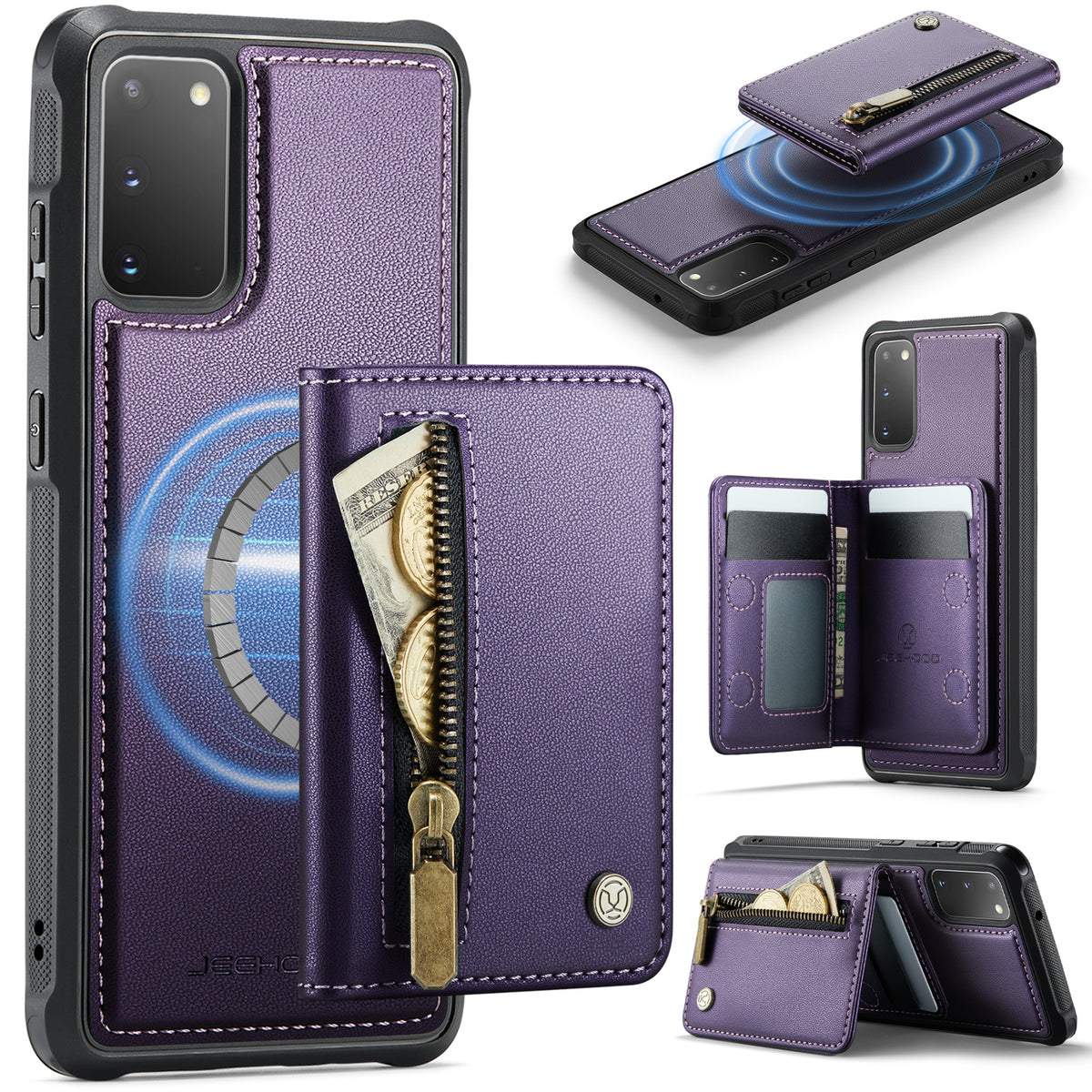 JEEHOOD For Samsung Galaxy S20 4G / Galaxy S20 5G Case  J12 Magnetic Detachable Zipper Wallet Kickstand Leather Back Cover Magnetic Case