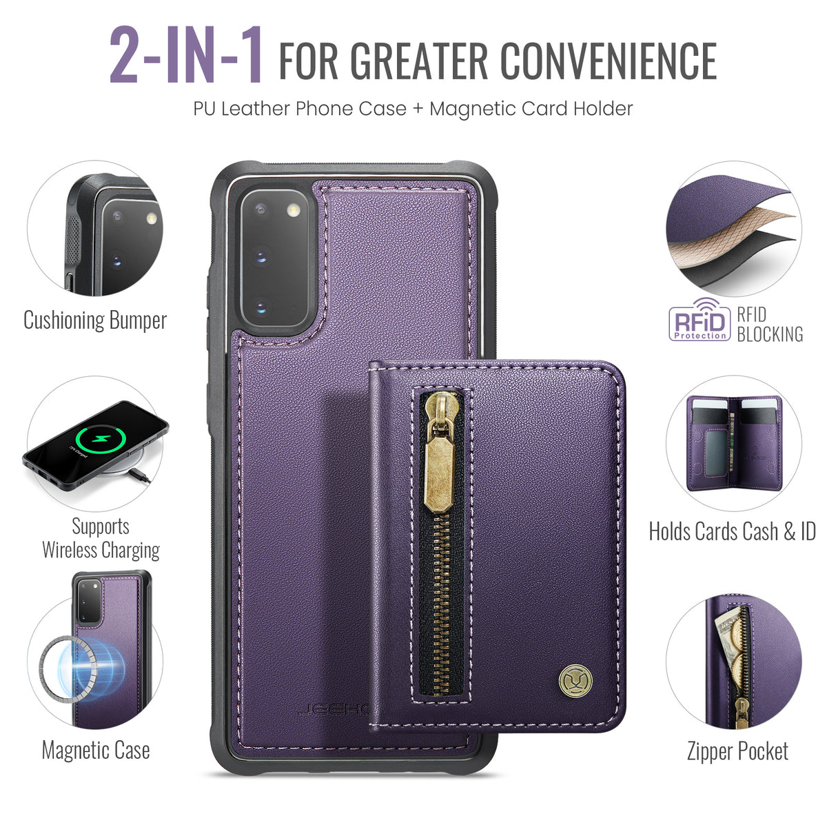 JEEHOOD For Samsung Galaxy S20 4G / Galaxy S20 5G Case  J12 Magnetic Detachable Zipper Wallet Kickstand Leather Back Cover Magnetic Case