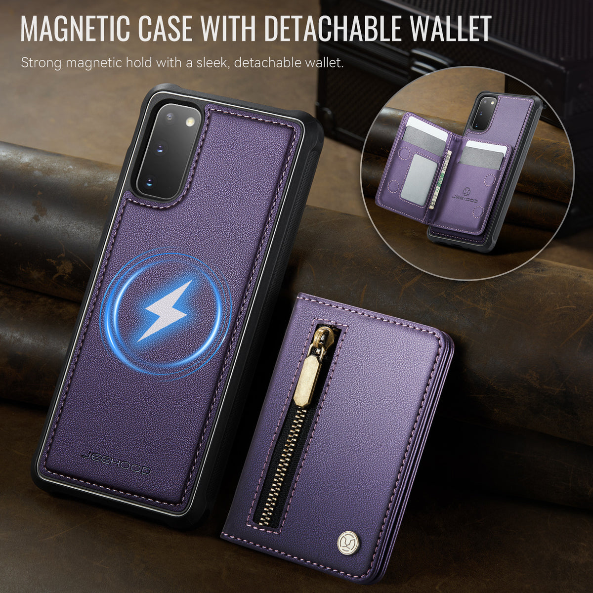 JEEHOOD For Samsung Galaxy S20 4G / Galaxy S20 5G Case  J12 Magnetic Detachable Zipper Wallet Kickstand Leather Back Cover Magnetic Case