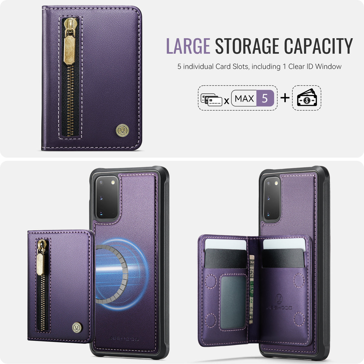 JEEHOOD For Samsung Galaxy S20 4G / Galaxy S20 5G Case  J12 Magnetic Detachable Zipper Wallet Kickstand Leather Back Cover Magnetic Case
